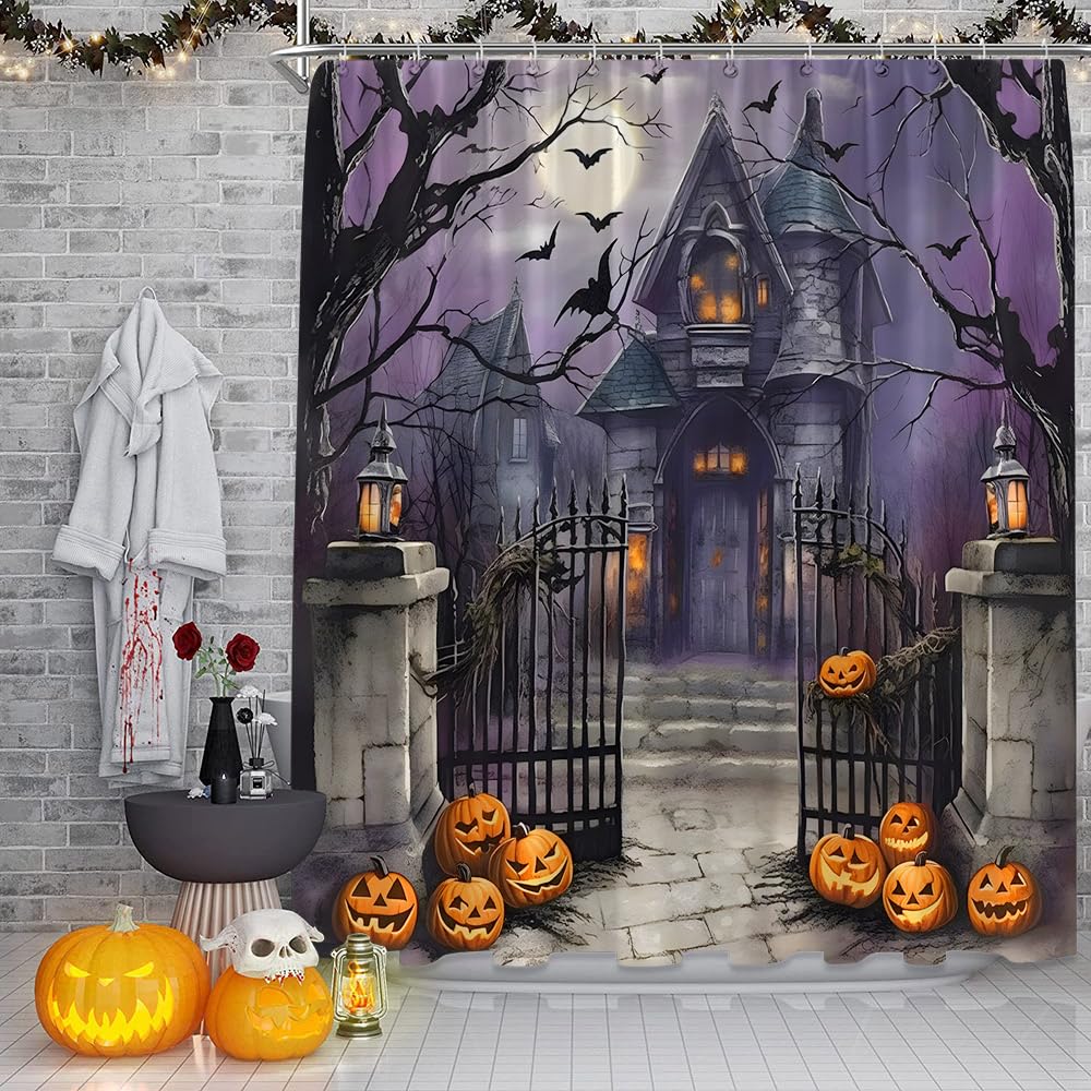 Halloween Duschvorhang – Gruseliges Skelett & Kürbis Design, Polyester, Mit Haken, Für Badezimmer-Deko