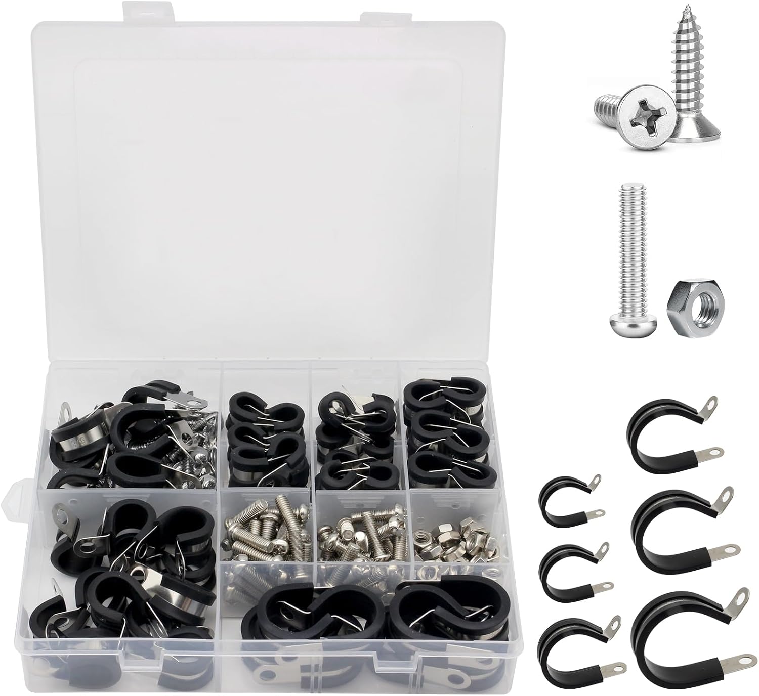 HXH 112 PCS Pipe Clamps Assortment Kit, Rubber Coated Cable Clamp, 10 Sizes-1/4", 5/16", 3/8", 1/2", 5/8", 3/4", 1", 1-1/4", 1-3/4", 2" (with 112 PCS Bolts).