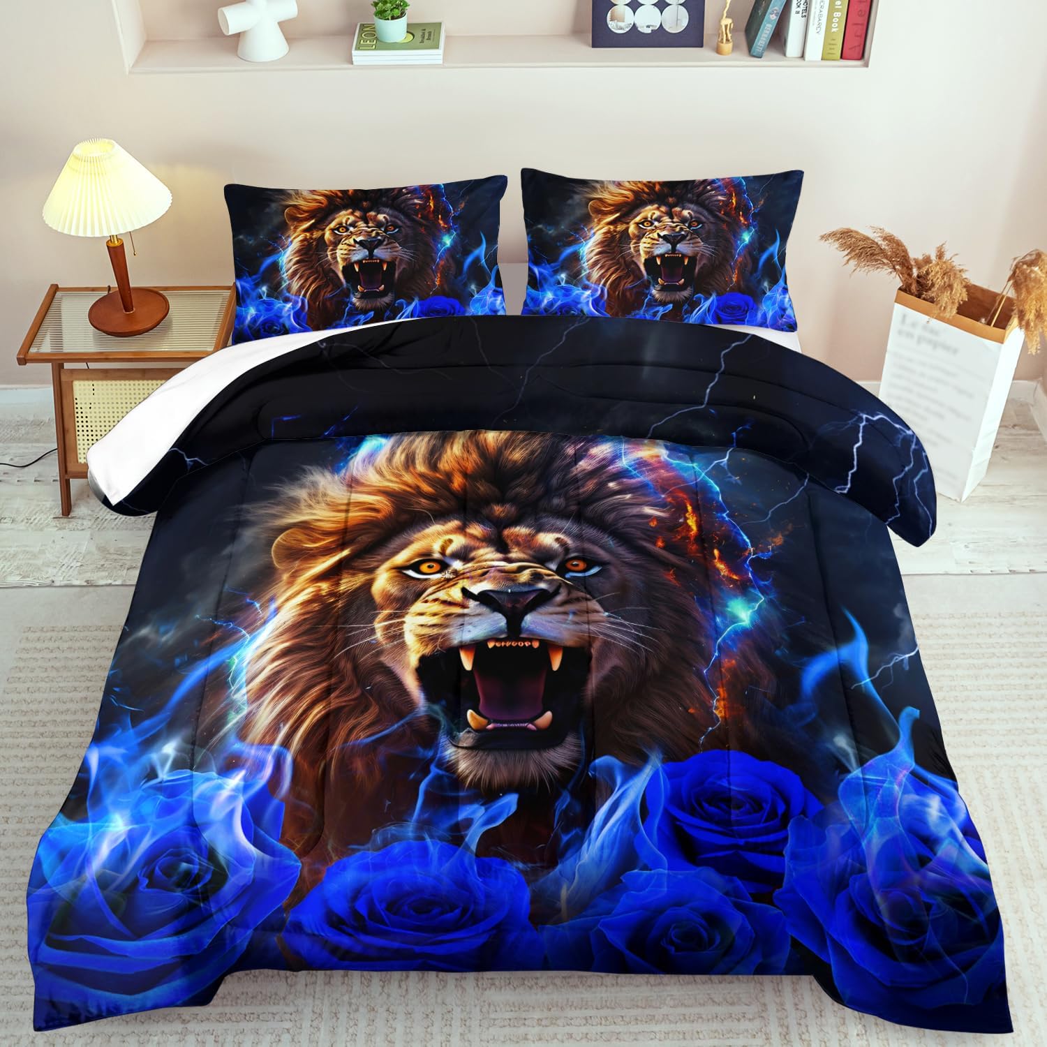 Lion Blue Comforter Set Queen,Lion Bedding Set Boys,Animal Print Comforter Bedroom Decor for Home,Vintage Floral Quilt,Blue Flower Bedding Adult,Tiger Quilt Bed Decor Teen - Image 2