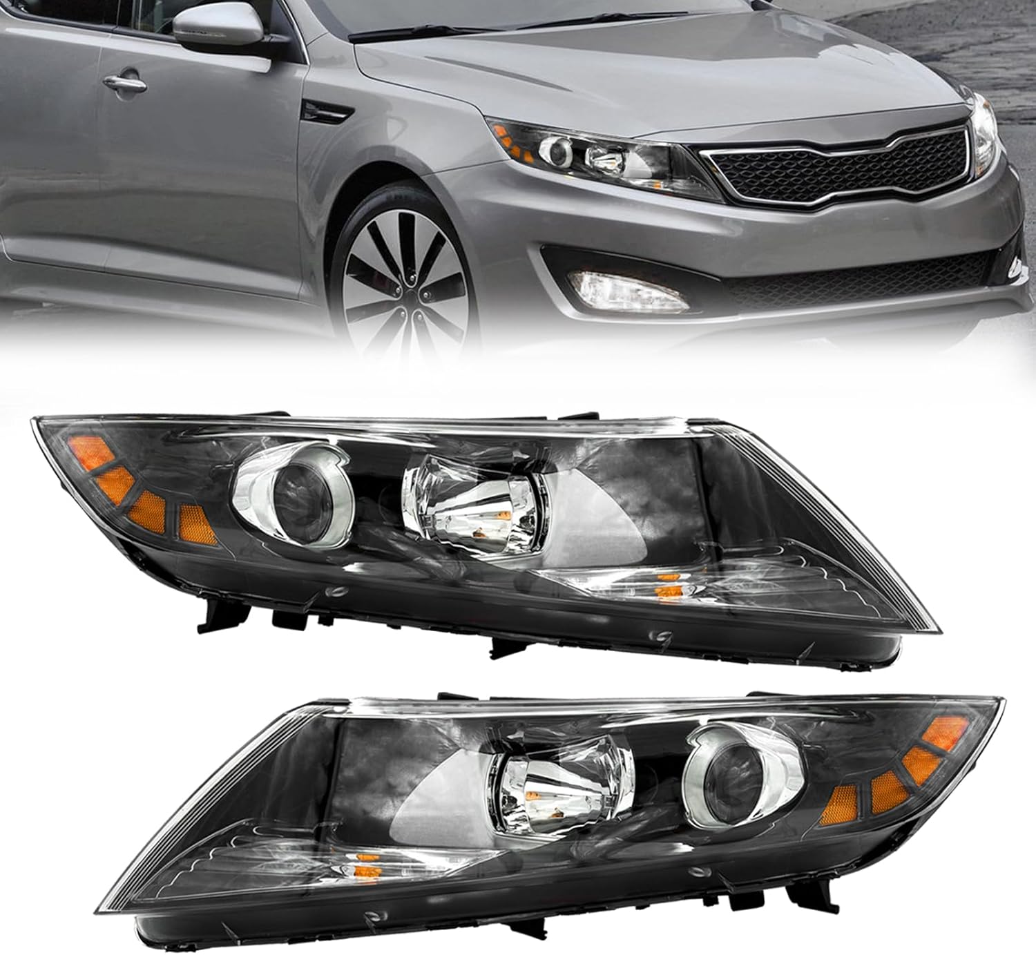 Headlight Assembly Compatible with 2011 2012 2013 Kia Optima Halogen Headlamp with Bulbs Replacement Driver and Passenger Side
