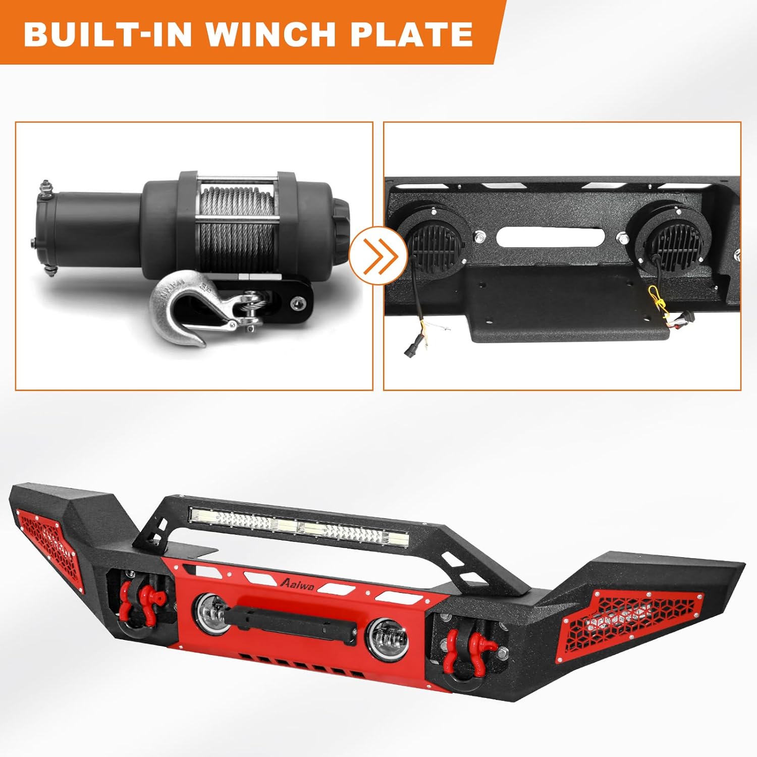 Front Bumper Compatible with 2007-2023 Wrangler JK/JL& 2020-2021-2023 Gladiator JT (2/4 Doors), Built-in 144W LED Light Bar w/ 4.5'' Fog Light, 18w LED Lights Bar Winch Plate and D-rings