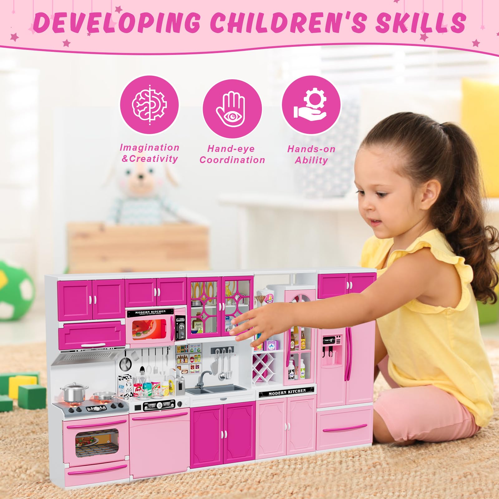 Juego de cocina 5 en 1 para niños con luces y sonidos realistas, mini juguetes de cocina para niñas, juguete de cocina para muñecas, mini muebles de juguete para niños a partir de 3 años 8