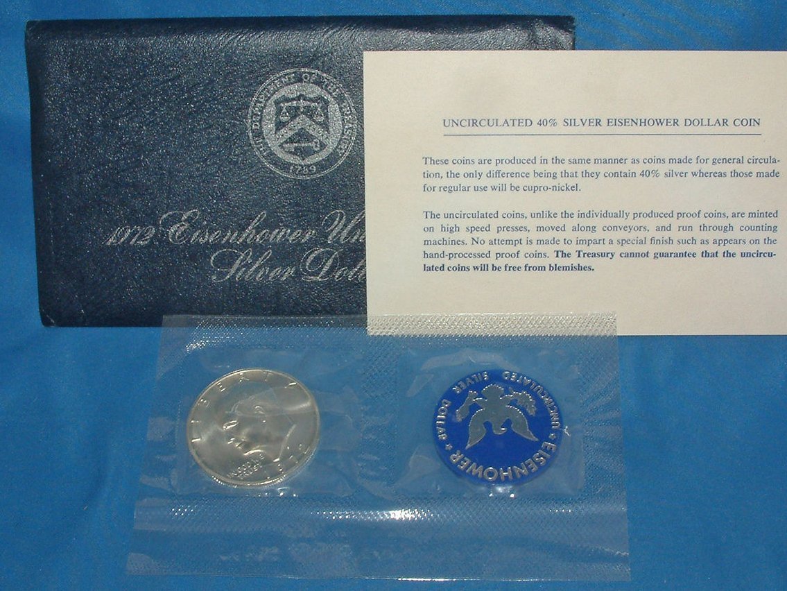1972 S -S Uncirculated Eisenhower "Blue Pack" Silver Dollar with Original Packaging $1 Brilliant Uncirculated US Mint
