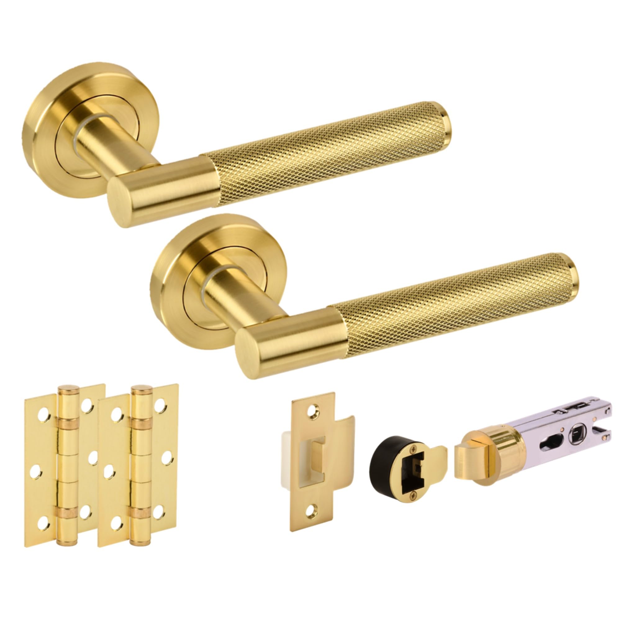 Hunta HANDLEZONE® Evo Knurled Grip Bullet Internal Door Handle Pack, Complete with Lever Handles, Round Latch, 75mm Ball Bearing Hinges - Satin Brass