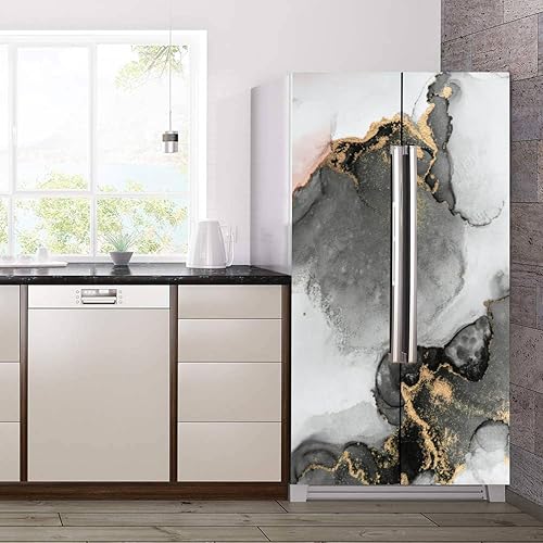 Miniatura 3 de Juego de envoltorio de vinilo autoadhesivo para refrigerador, papel de pintura de tinta de mármol abstracto negro, obra de arte original, mural de