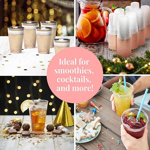 Vista 6 de Prestee Paquete de 50 vasos de plástico desechables de 14 onzas, copas de vino de plástico con borde rosa de alta resistencia, vasos desechables Oro