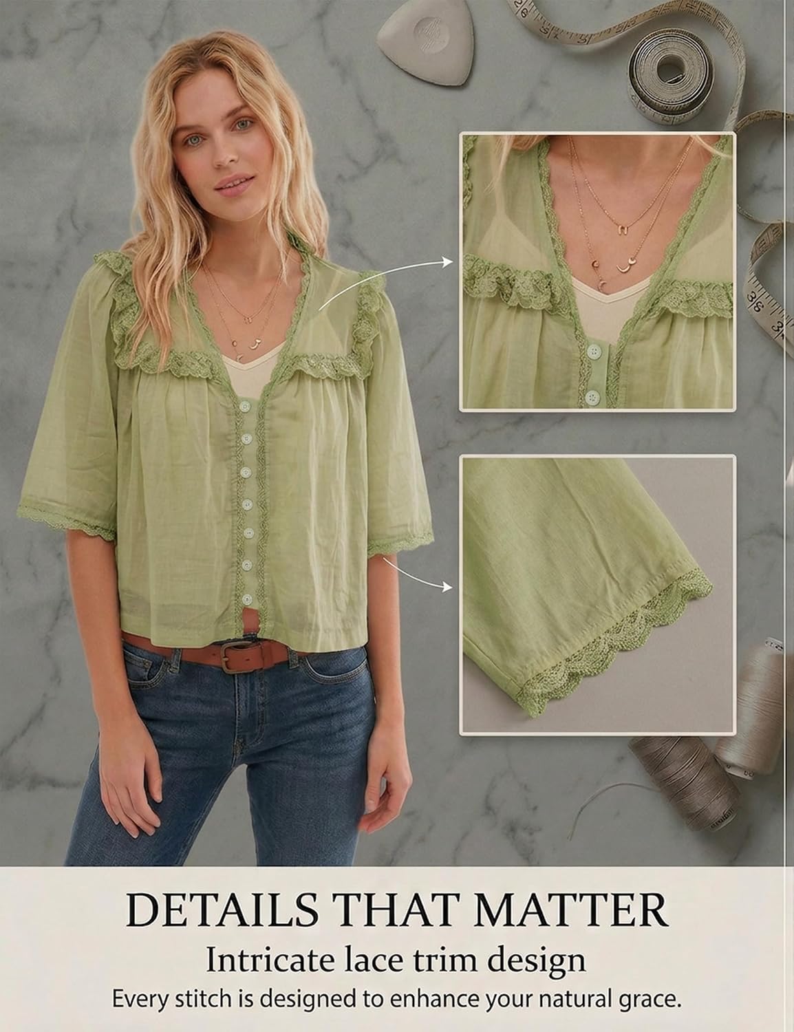 Womens Summer Oversized Crop Boho Lace Half Sleeve Beach Tops Button Down V-Neck Ruffle Trim Blouse Shirts Y2k Top