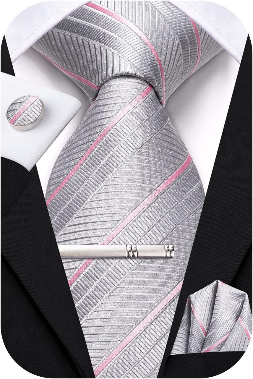 Hi-Tie Silk Ties for Men Pink Blue Black Mens Ties Set 4 PCS Necktie Pocket Square Cufflinks Clip Pin for Wedding