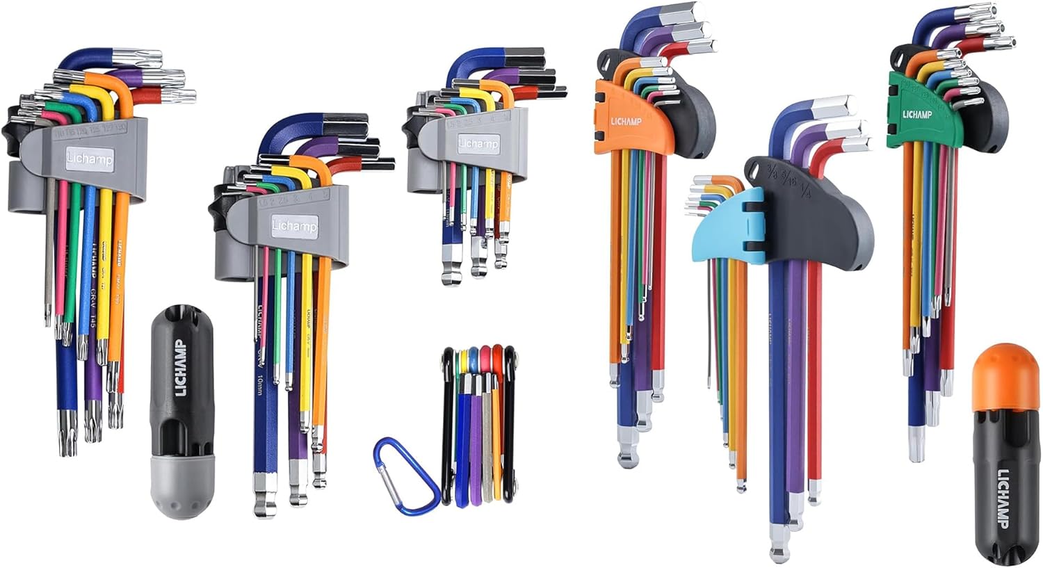 Lichamp 64-Piece Rainbow Allen Wrenches Set, Hex Key Set with Colored Foldable Short and Long Arm, Ball and Torx End, Metric 1.5 to 10mm, Torx T10 to T50, SAE 1/16 to 3/8 inch