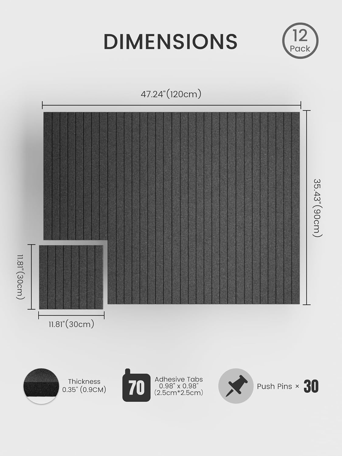 Bumusty Large Cork Board Alternative-48 x 36" Felt Bulletin Board Tiles, with 30 Pushpins, 70 Adhesive Tabs, Fine-Stripe 12-Pack, Cork Boards for Office Push Pin Board Felt Board-Charcoal Gray