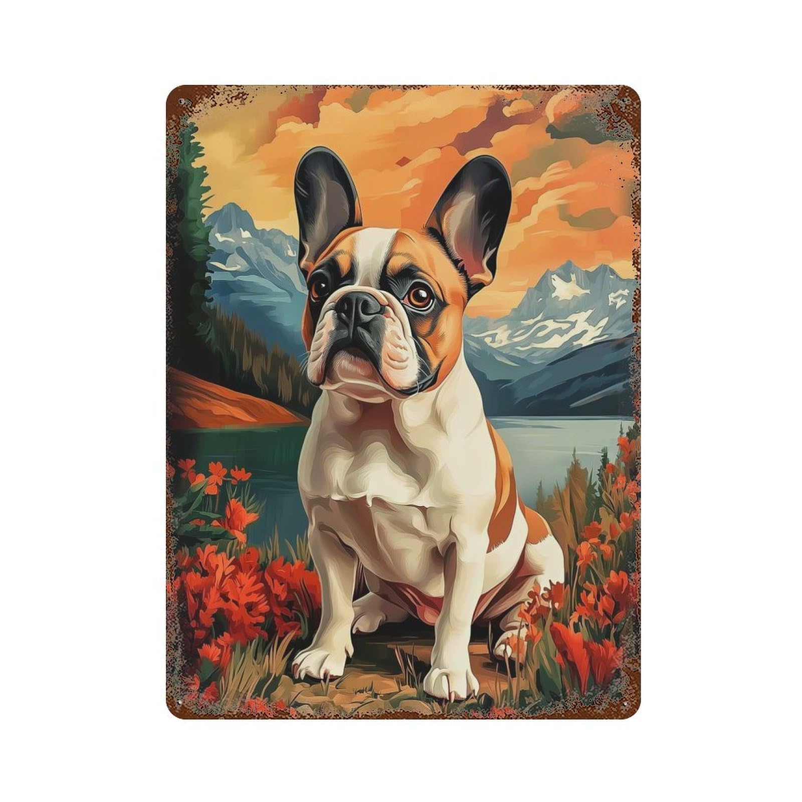 French Bulldog in Mountain Landscape Distressed Metal Wall Sign 15.7"x11.8", Rustic Home Decor for Living Room, Hallway And Home Decor