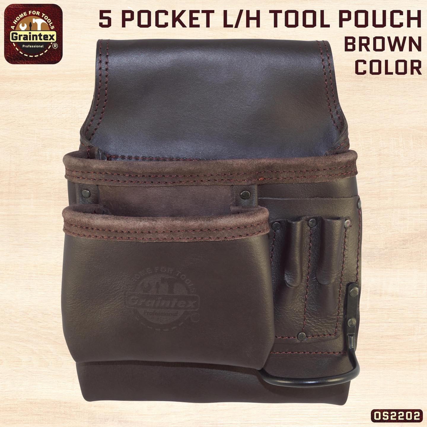 Graintex OS2202 5 Pocket Left Handed Oil Tanned Leather Nail & Tool Pouch Dark Brown Color for Constructor/Electrician/Plumber