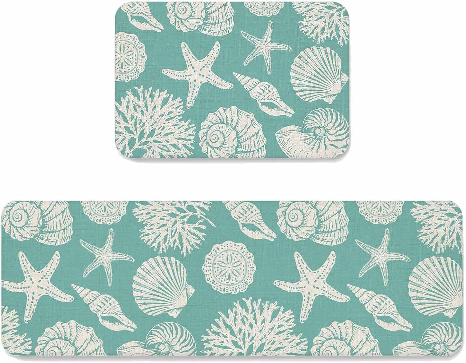 Summer Marine Life Kitchen Mats Set of 2 Graffiti Corals Shell Conch Sea Starfish Teal Non Slip Mat Washable Floor Rug for Kitchen Sink Floor Laundry, 19.7"x31.5"+19.7"x63"