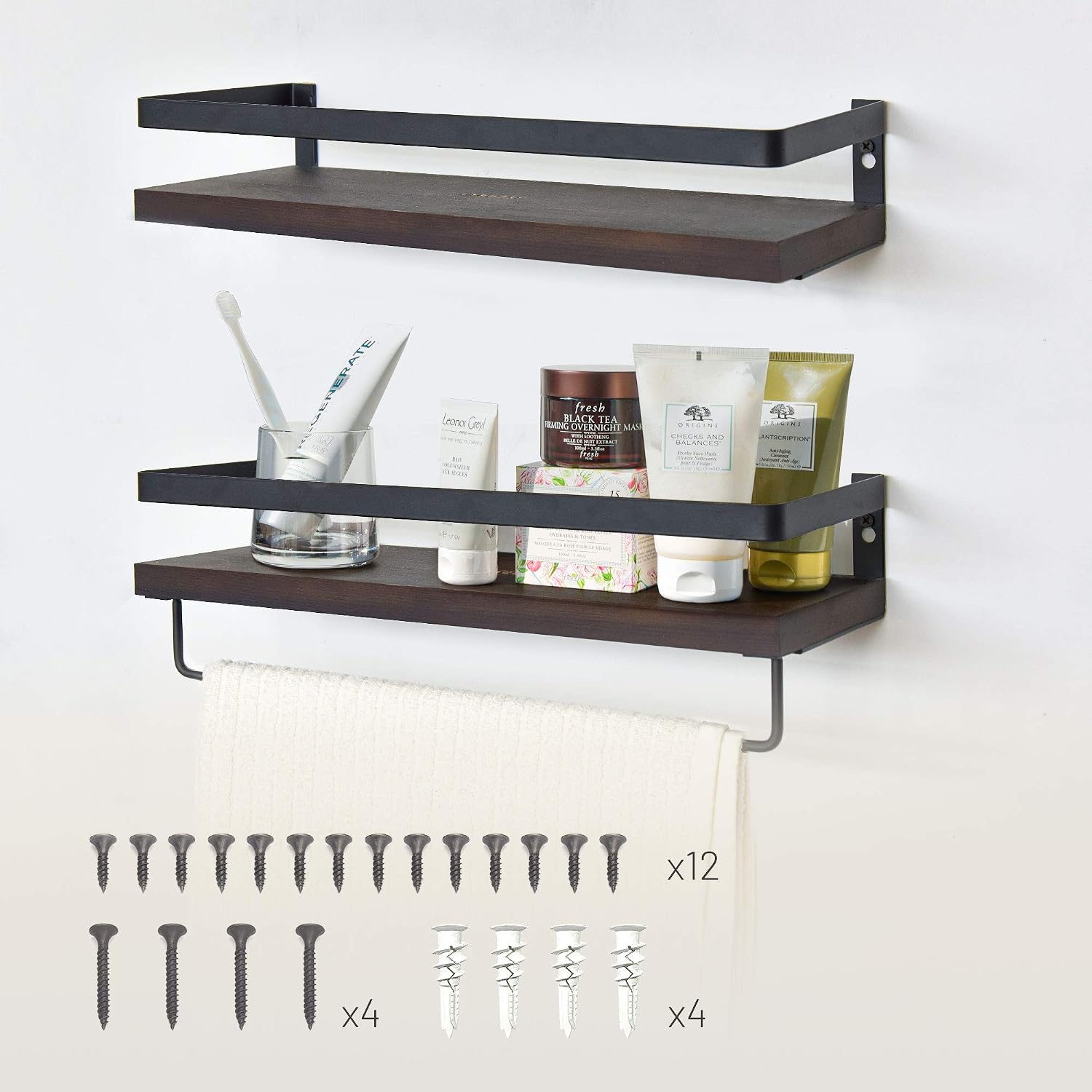 Labcosi Solid Wood Floating Shelves for Bathroom and Kitchen, 2-Pack Wall Shelves Wall Mounted with Rail and Towel Bar for Storage Organize and Display