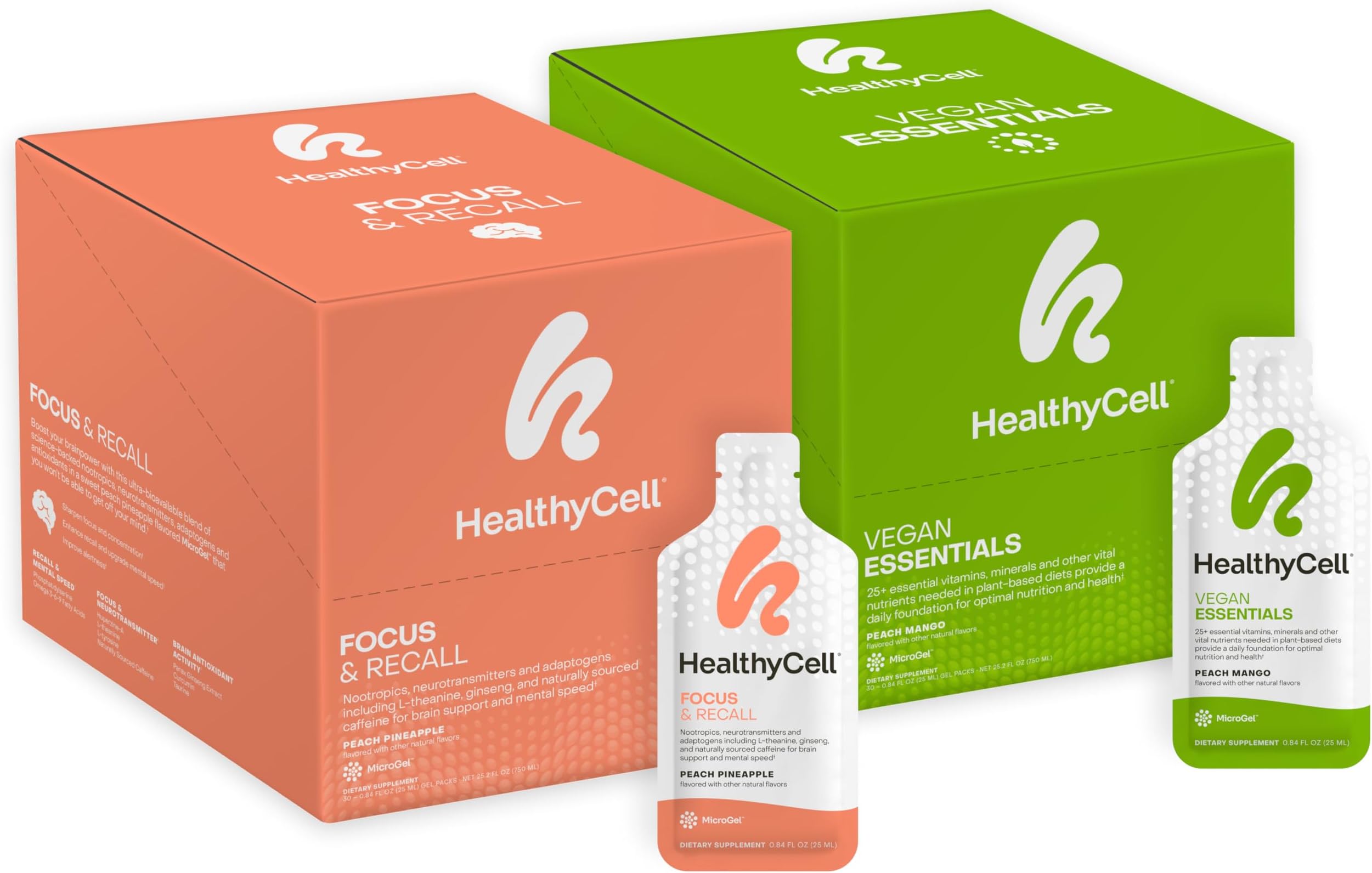 Healthycell Focus & Recall + Vegan Essentials Bundle - Nootropic Supplement + Vegan Multivitamin for Men and Women - Maximum Absorption Liquid Supplements - 30 Gel Packs x 2