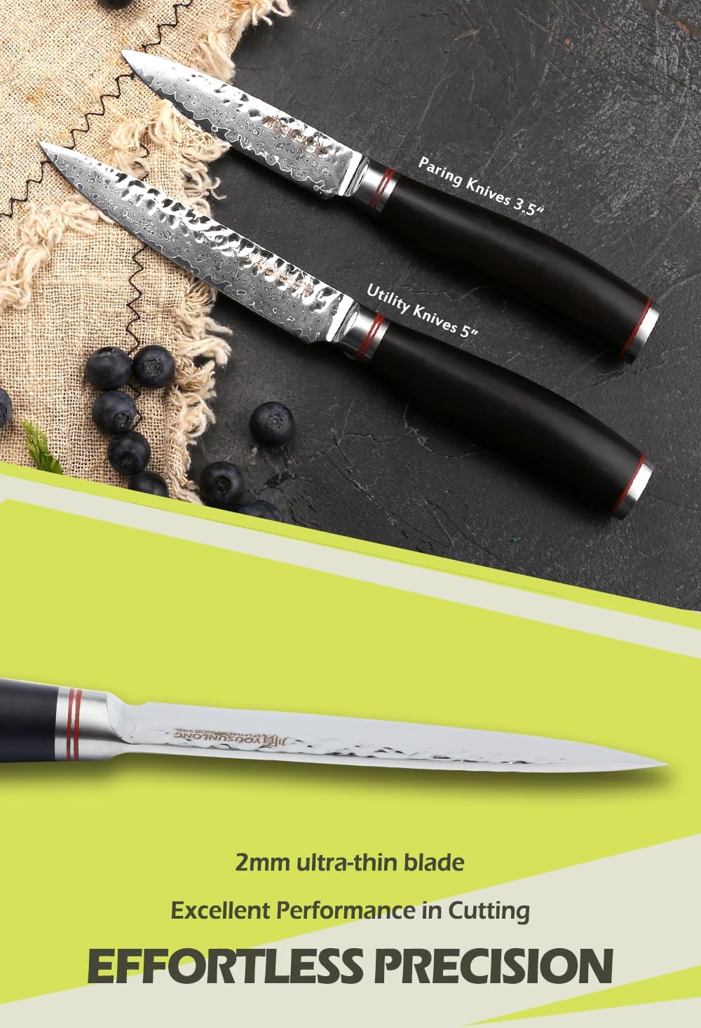 YOUSUNLONG Utility Knife 5 inch Japanese 67 Layers Hammered Damascus Steel with Natural Leadwood Handle