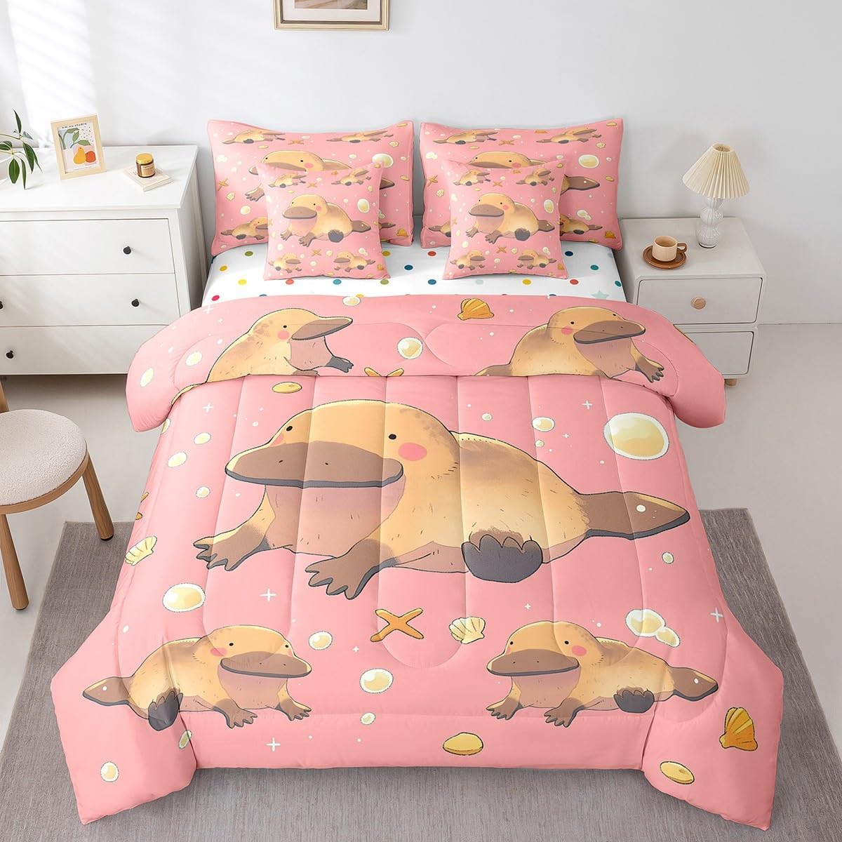 Erosebridal Cartoon Platypus Kids Bed in A Bag with Sheets Cute Ocean Platypus Girls Bedding Set Kawaii Australian Animal Queen Comforter Set 7 Piece Sea Wildlife Pearl Bed Set,Pink Yellow