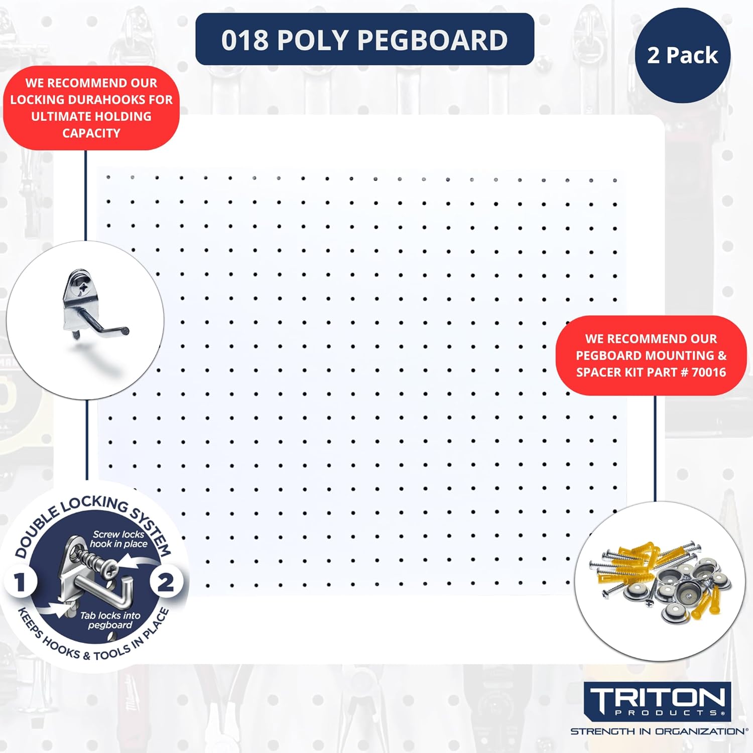 Triton Products Poly Pegboards - Set of 2 Wall Panels, Each 22" x 18" x 1/8" with 1/8” Holes, for Home, Office, Garage, Storage and Organization (White)