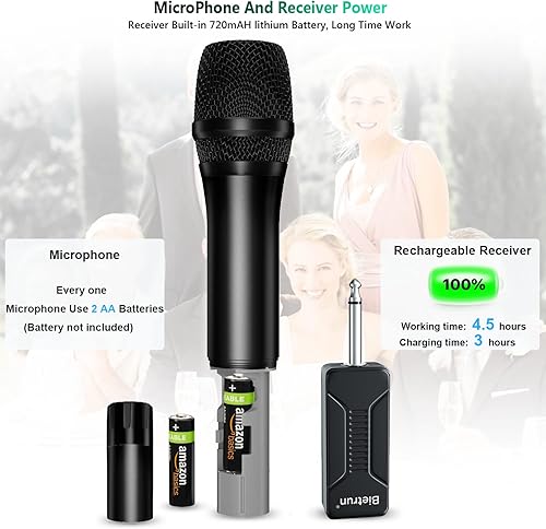 Vista 5 de Micrófono inalámbrico, sistema de micrófono dinámico inalámbrico dual de mano de metal UHF Bietrun con receptor recargable, salida de 1/4 pulgadas