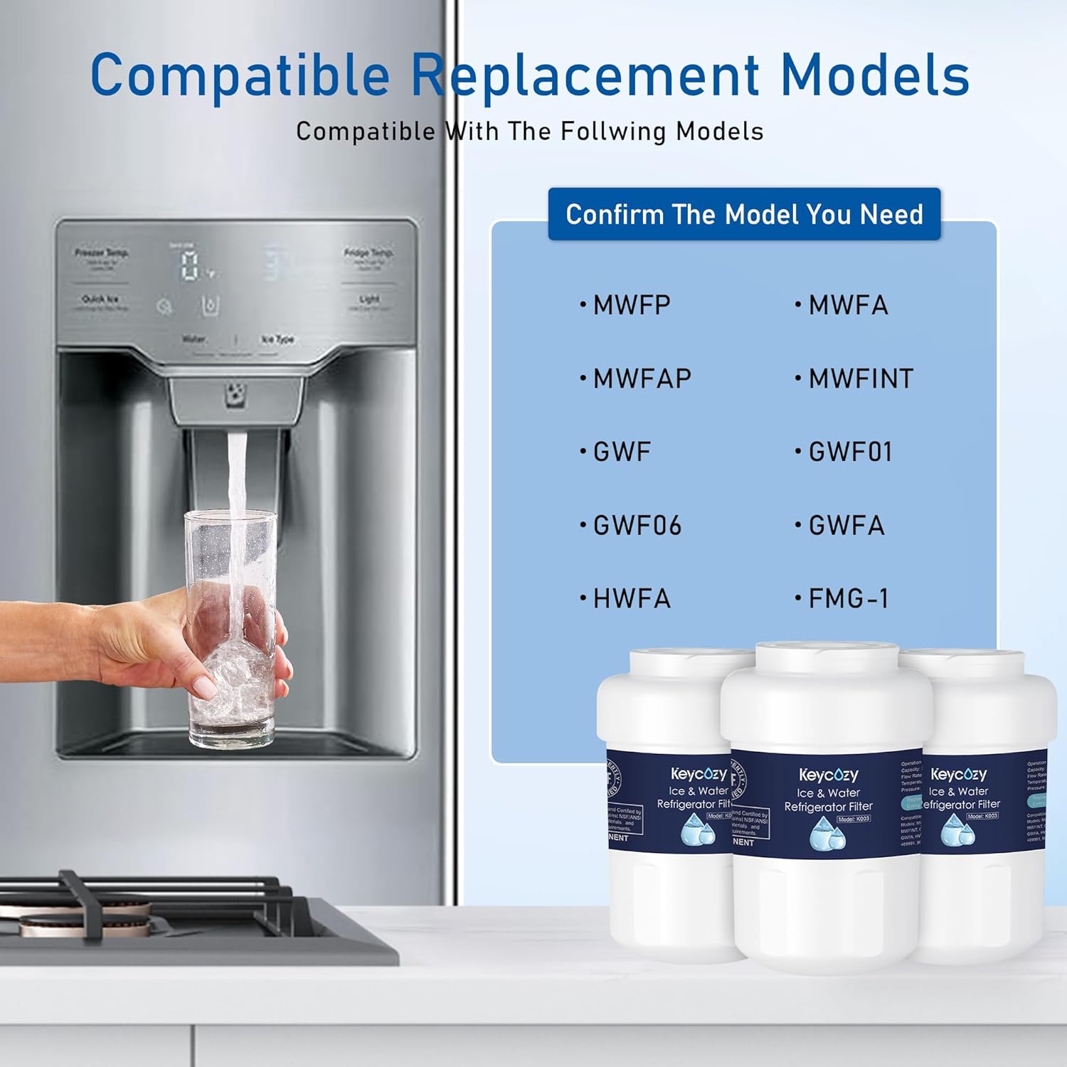 K003 Refrigerator Water Filter Replacement for GE MWF, martWater MWFP, MWFA, GWF, HDX FMG-1, WFC1201,WFC1201, RWF1060, 197D6321P006, PC75009,Kenmore 9991,GSE25GSHECSS, PSHS6PGZBESS (3)