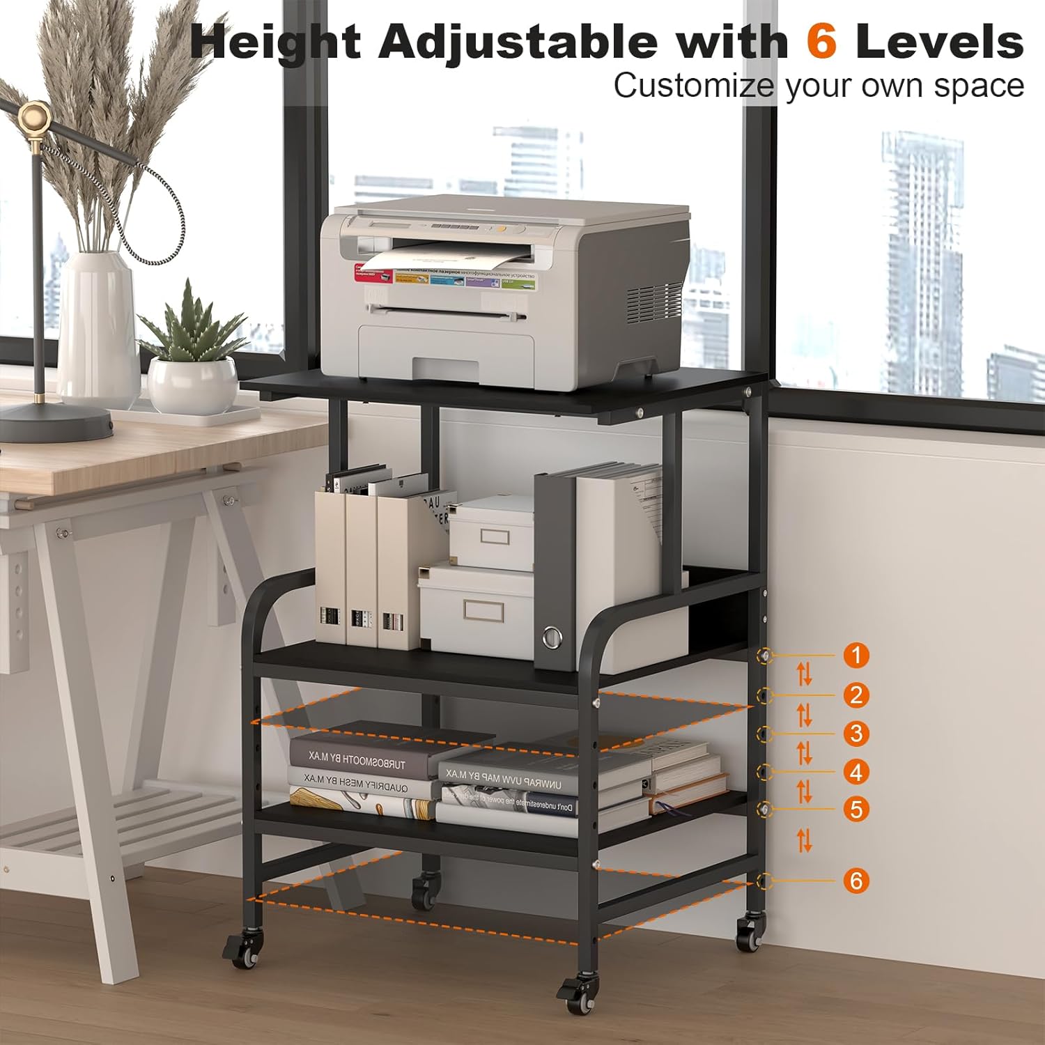 Black Printer Stand, Large Printer Table with Wheels, 32.48 X 22.05 X 18.9 Home Office Rolling Stand with Adjustable Shelf, Heavy Duty Printer Cart for Scanner, Fax, Black Ebony