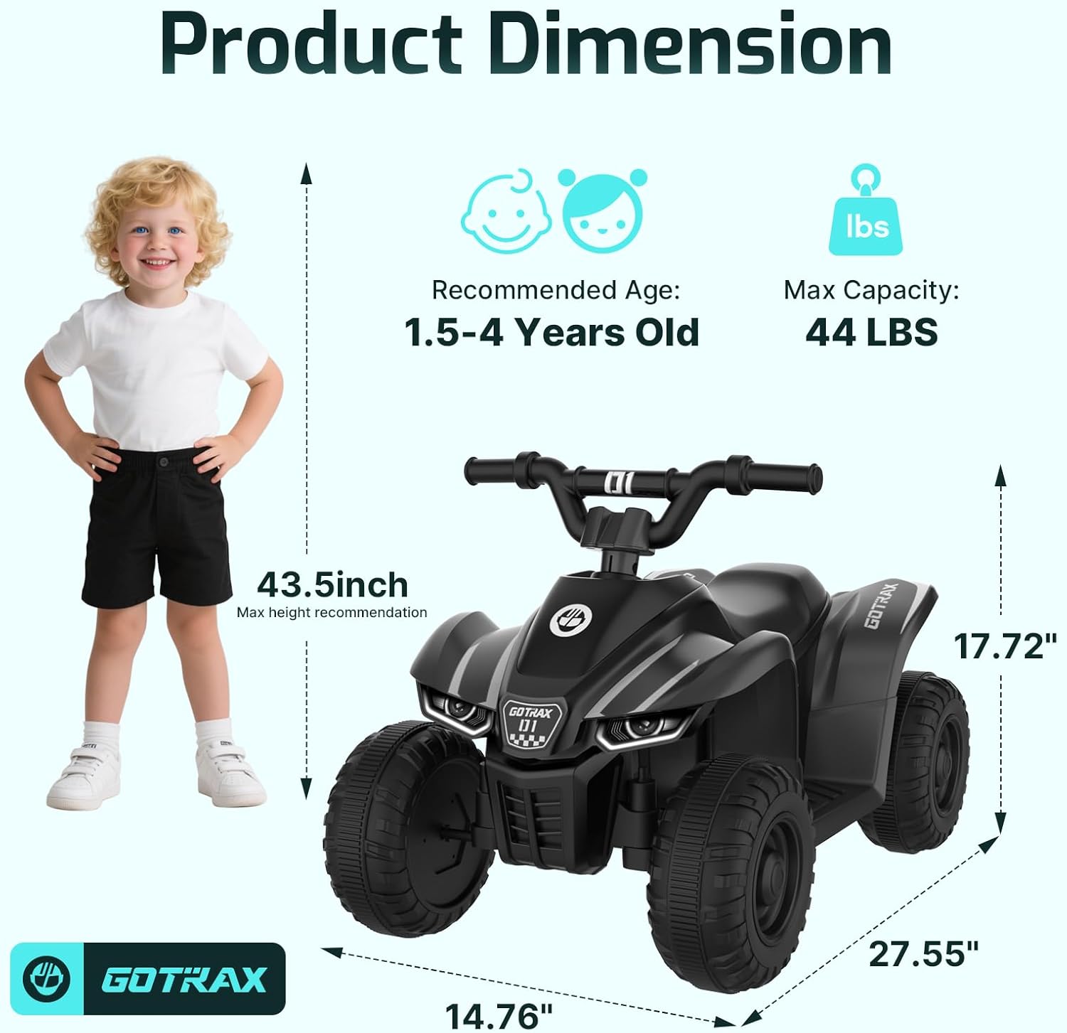 Diagram showing the dimensions of the Gotrax RT1 ATV and recommended age/capacity.