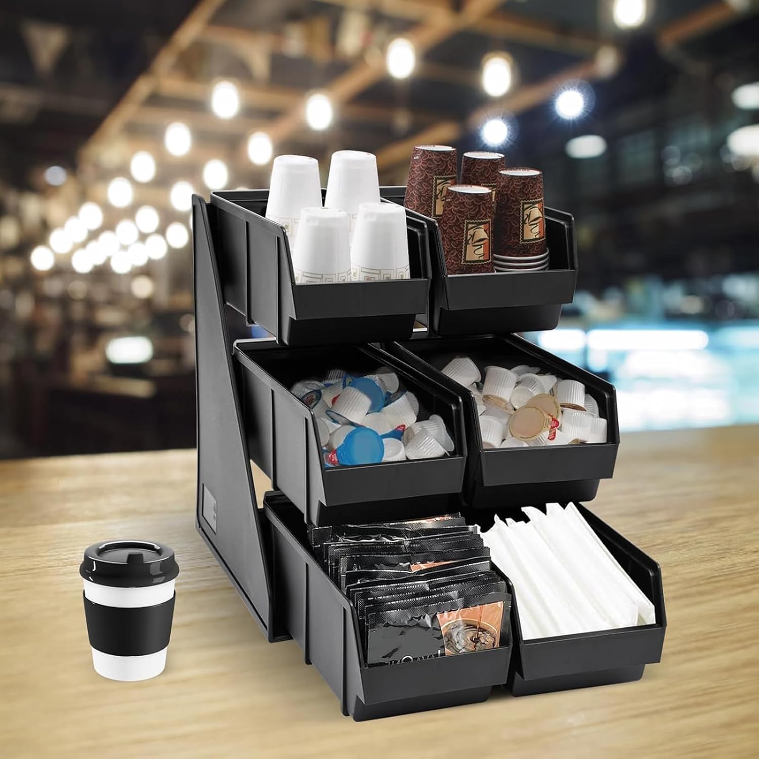 3 Tier Serve Condiment Bin with 6 Compartment, Plastic Containers Storage Bins Stand Self Serve Condiment Bin Stand Set Countertop Storage Rack for Coffee Tea
