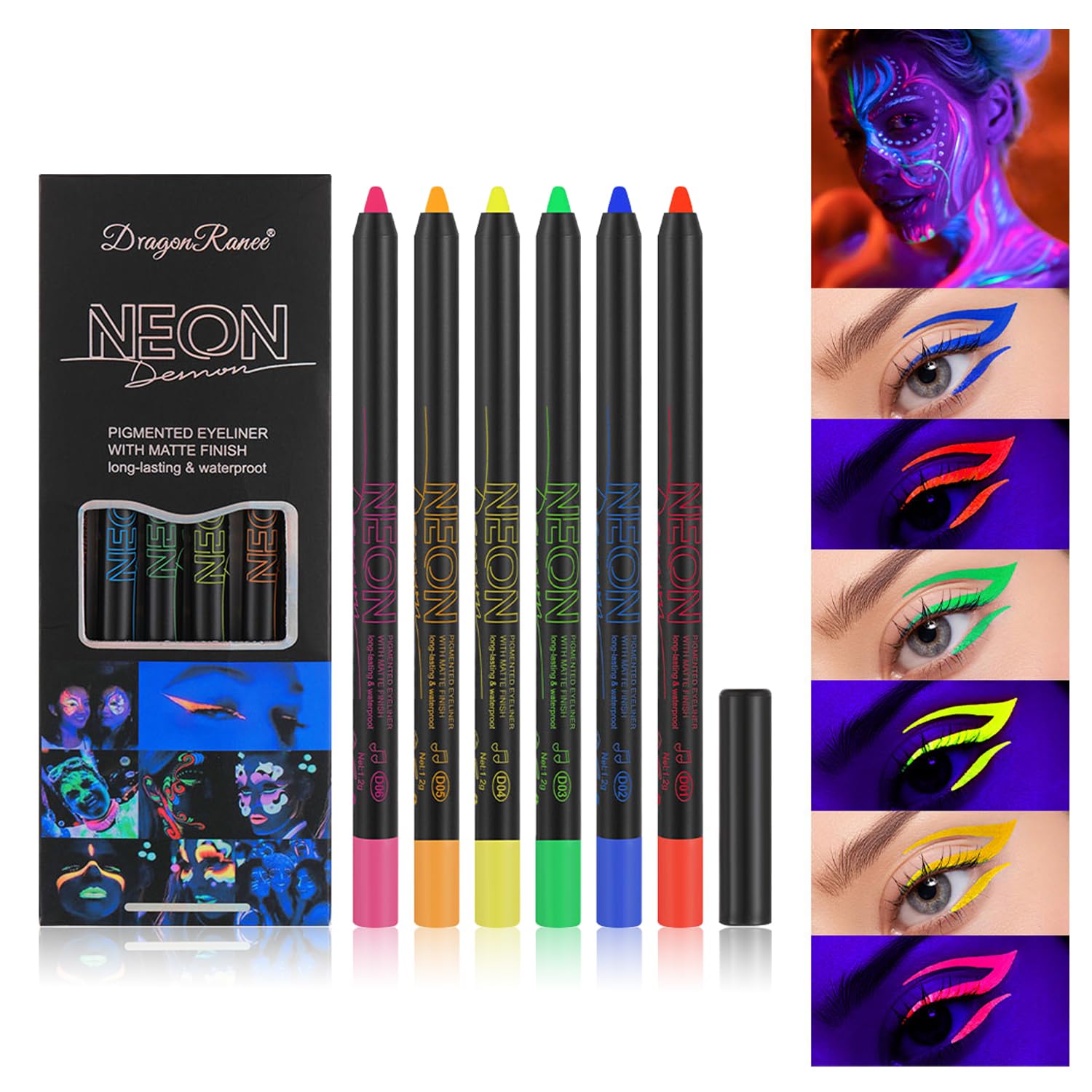 Sulily 6 Colors UV Glow Neon Eyeliner Set, Waterproof