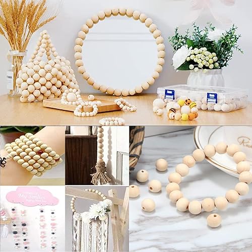 Miniatura 3 de 300 cuentas de madera con anillos para manualidades, 6 tamaños de cuentas octágonas de madera sin terminar a granel de 0.236 pulgadas, 0.394