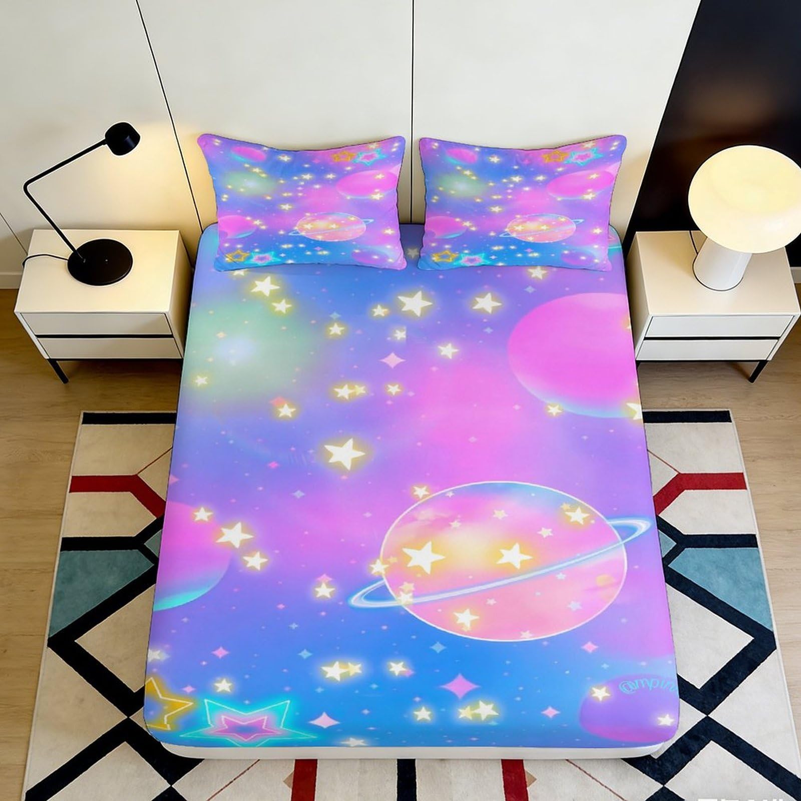 Pnayamiorkfel Style-4 3D Printed Dreamy Galaxy Fitted Sheet Microfiber Soft Pastel Planet Mattress Cover Slip Resistant Bedroom Dorm Decor Easy Care 90X200x25cm