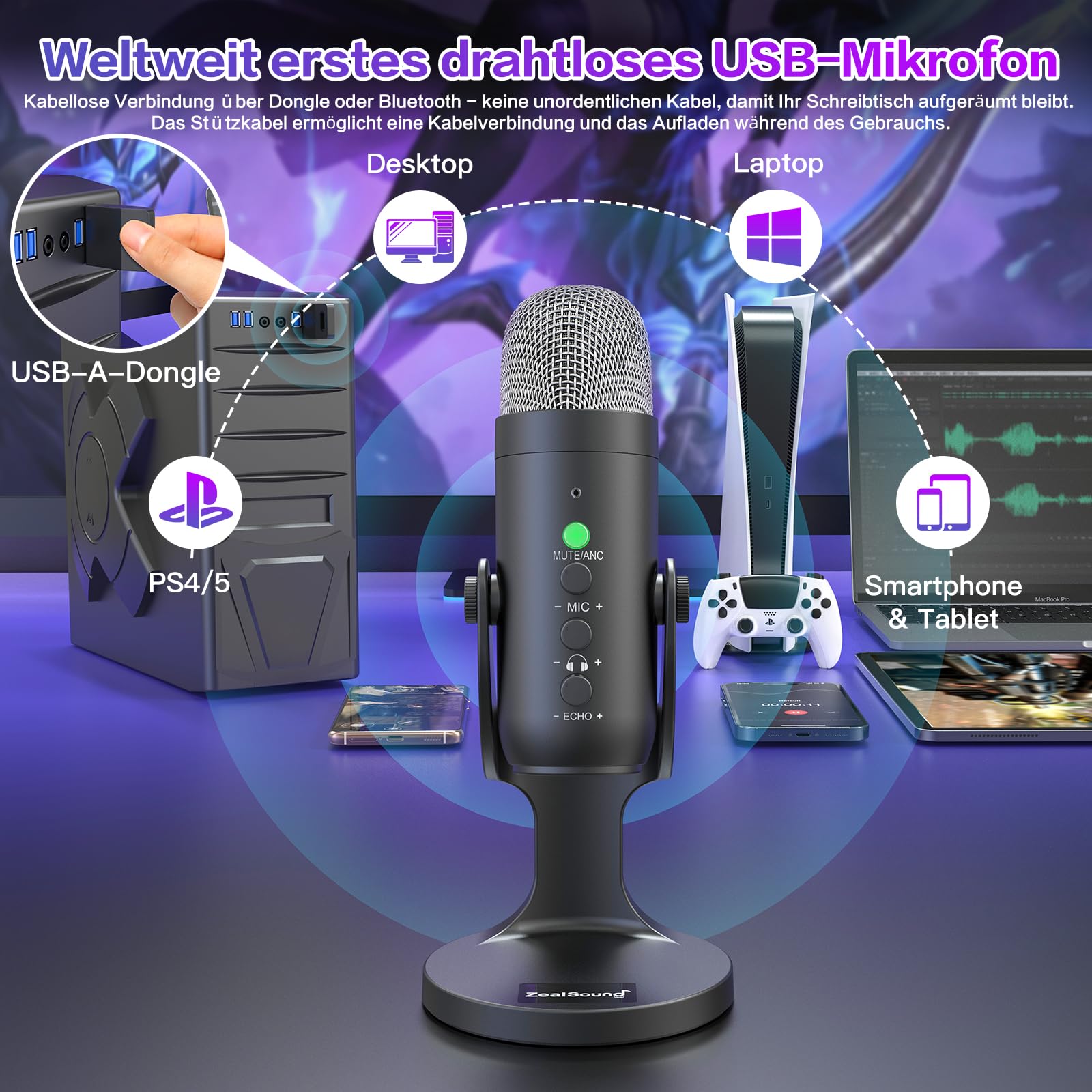 zealsound Wireless USB Gaming Mikrofon für PC & Handy mit Noise Cancelling, Kondensator Desktop Mikrofon mit Monitoring, Gain & Mute, Plug & Play für Streaming, Podcast, Discord, YouTube, Schwarz