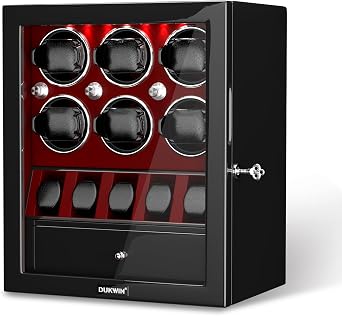 DUKWIN Watch Winder for 8 Automatic Watches Lockable 6 Watch Storage Jewelry Storage Ultra Quiet Mabuchi Motor, 6 Red Watch Winder, Compact