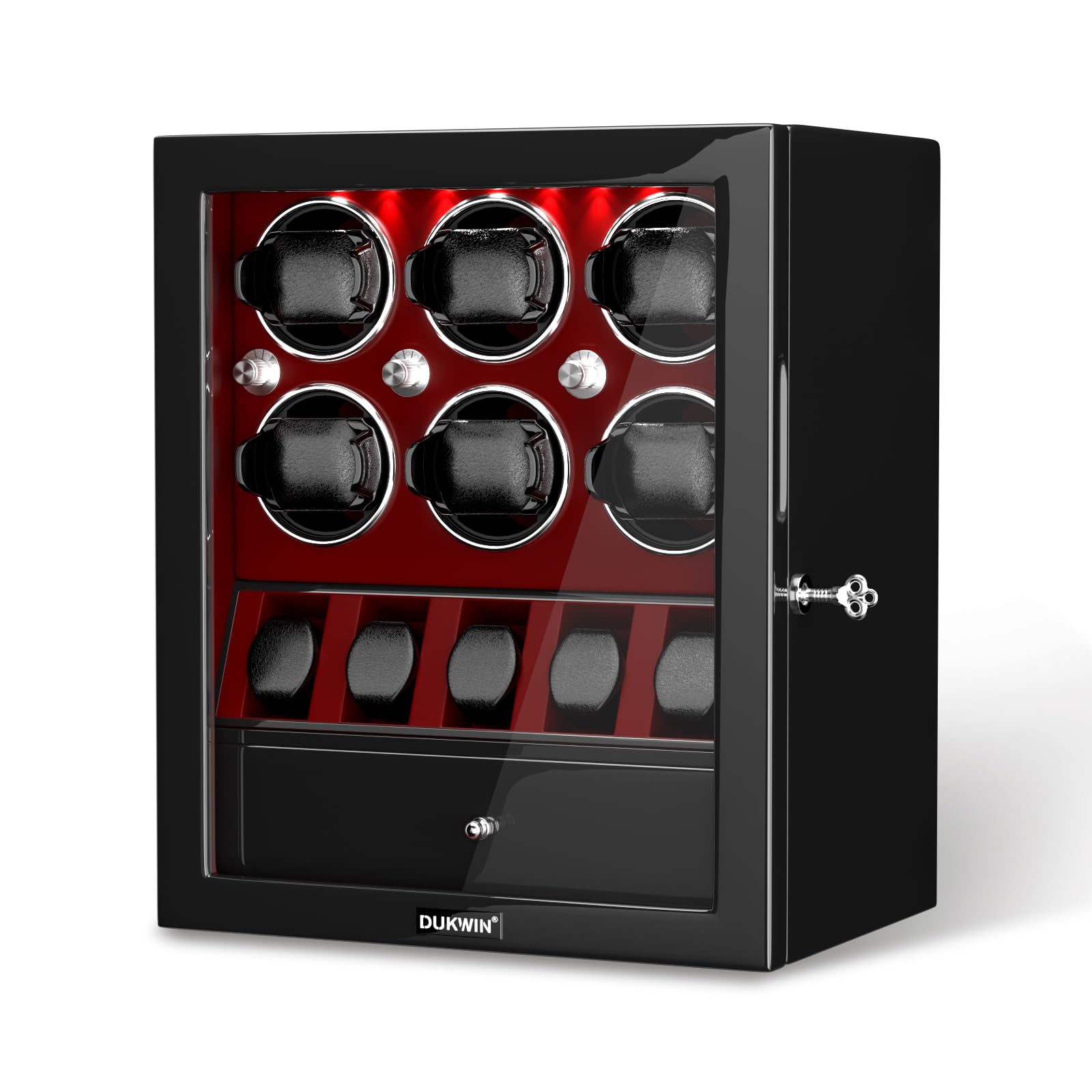 DUKWINWatch Winder for 4/6/8 Automatic Watches, Lockable Winders with Watch Holders and Jewelry Storage, Super Quiet Motor with High-Gloss Finish, Built-in Illumination