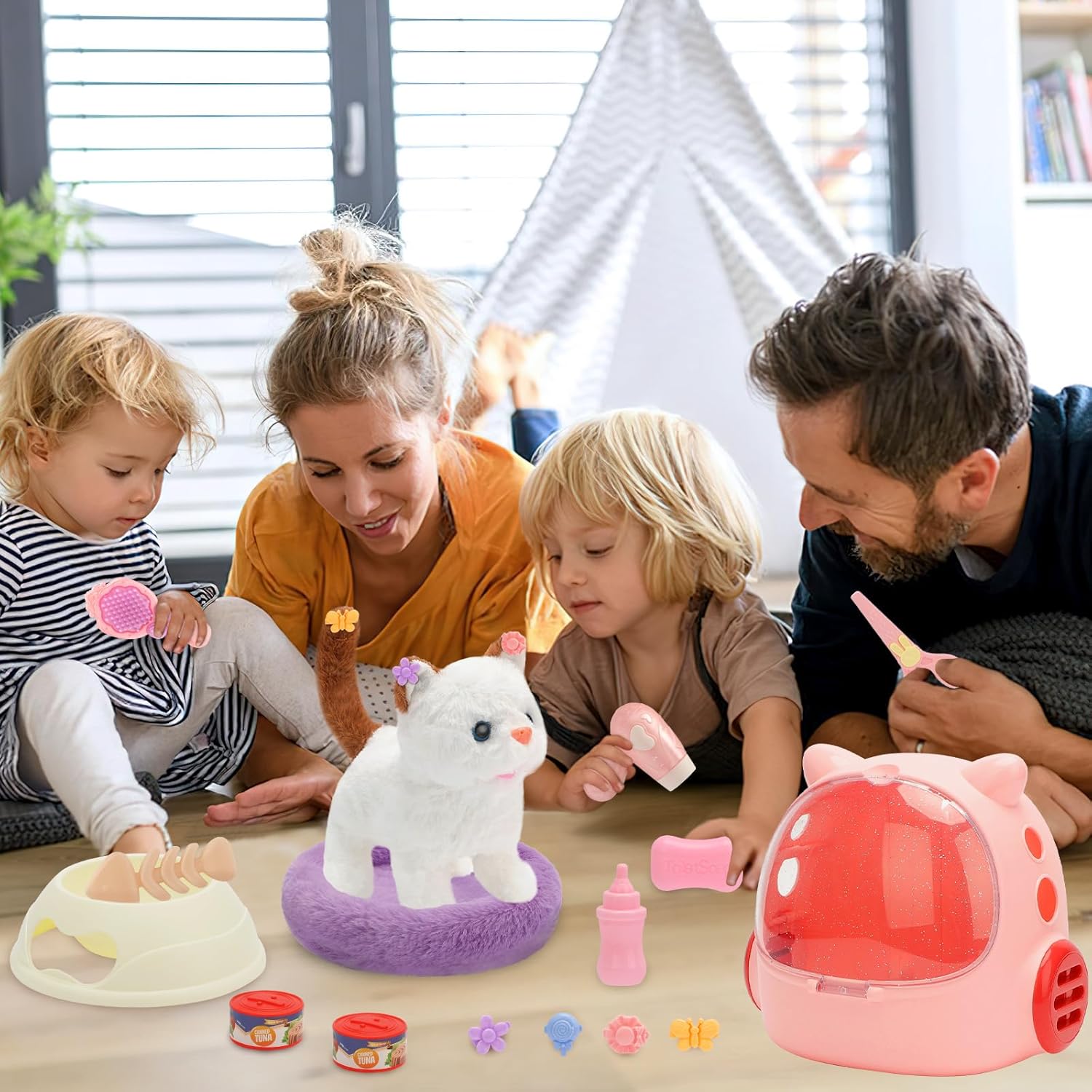 deAO Toy Cat for Kids,Remote Control Electronic Plush Stuffed Cat for Kids,Interactive Electronic Cat Toy, Barks,Walks, Groom & Feed Toys, Gifts for Girls