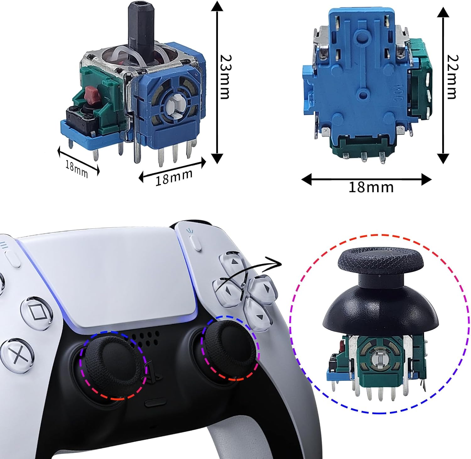 [ 4+4 ] Eaglewireless PS5 Analog Stick Replacement Part PS5 3D Controller Joystick Caps Thumbsticks Sensor Module for for Sony PlayStation 5 Wireless Controller +Toolkit (Blue-4 Joystick 4 Cap)