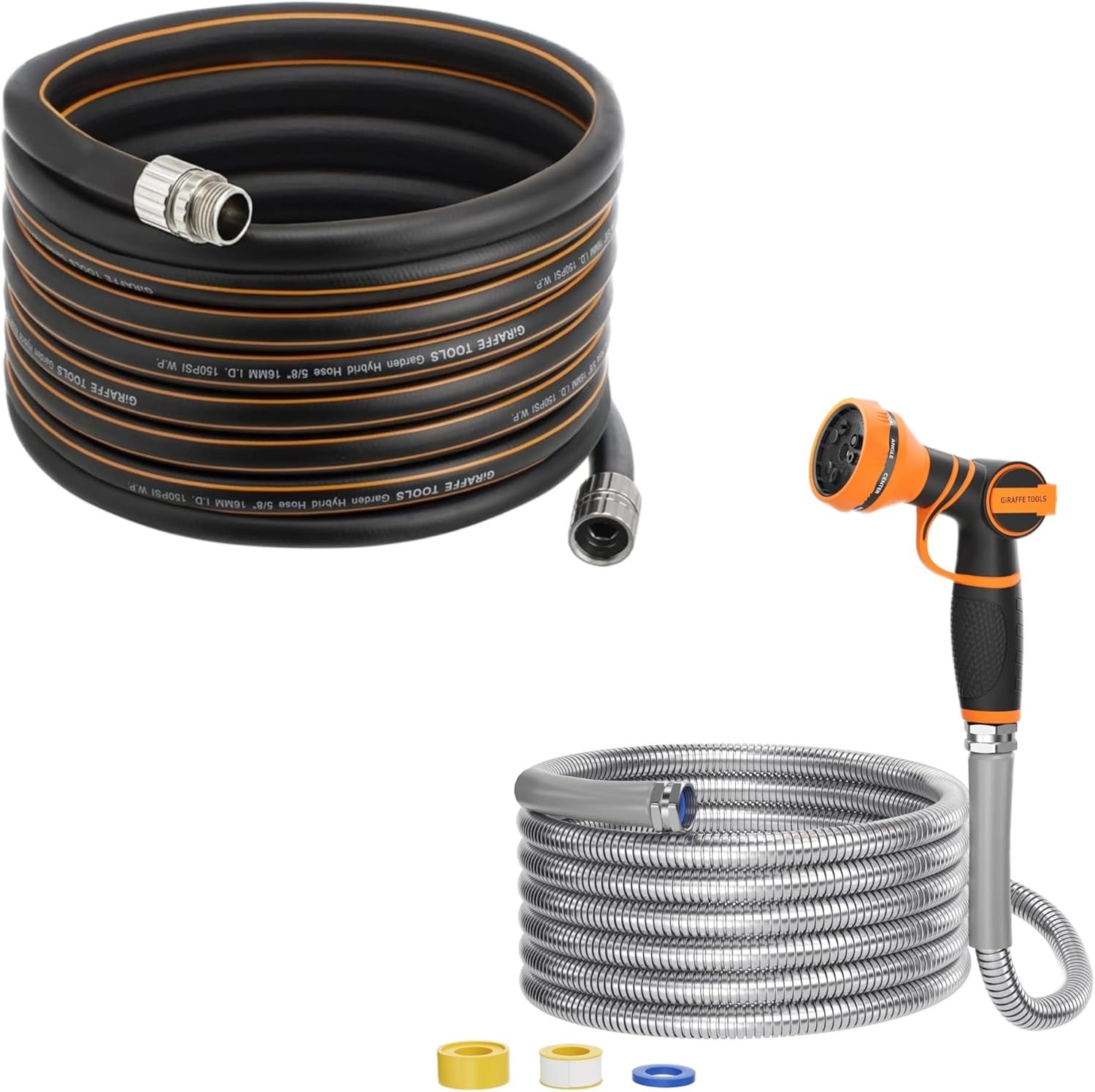 Girafe Tools Garden Hose 50ft x 3/4", 304 Stainless Steel, Flexible Design with 9 Pattern Spray Nozzle and Garden Hose 50ft x 5/8", Custom Length Hose with Male to Female Fittings