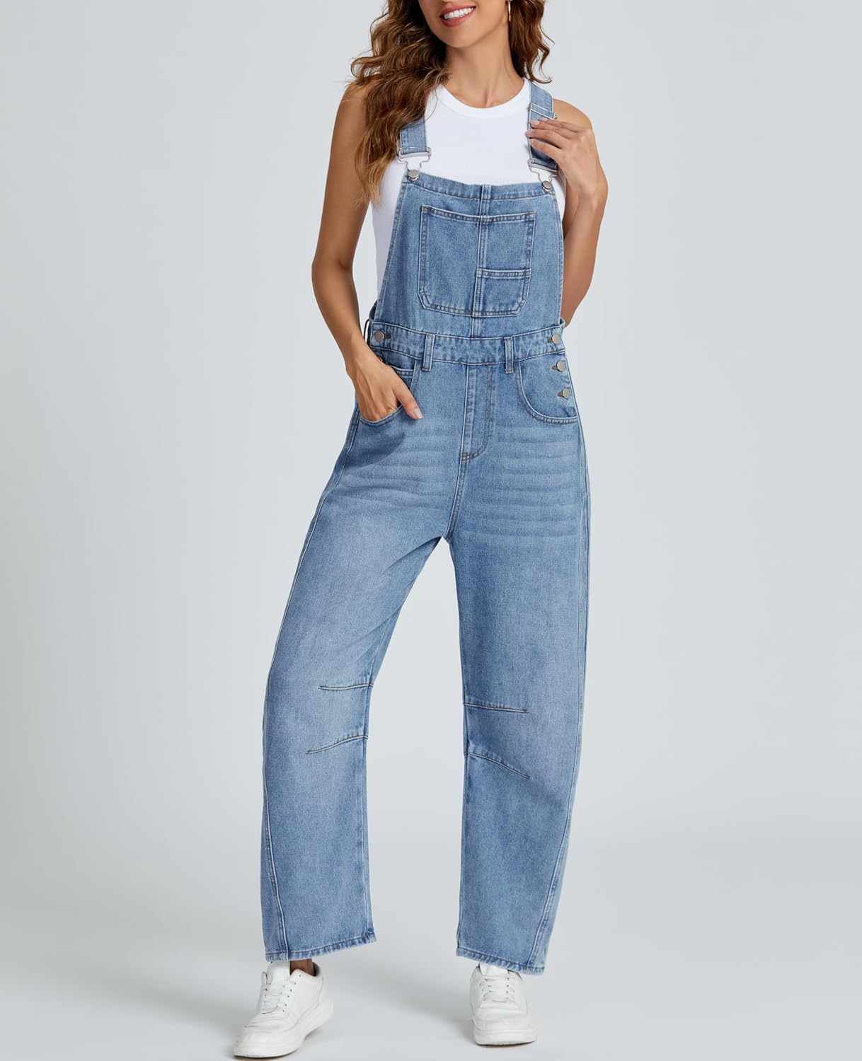 SCOFEEL Women's Baggy Denim Overalls Loose Fit Barrel Leg Bib Jean Overall Jumpsuit with Adjustable Straps Denim Romper