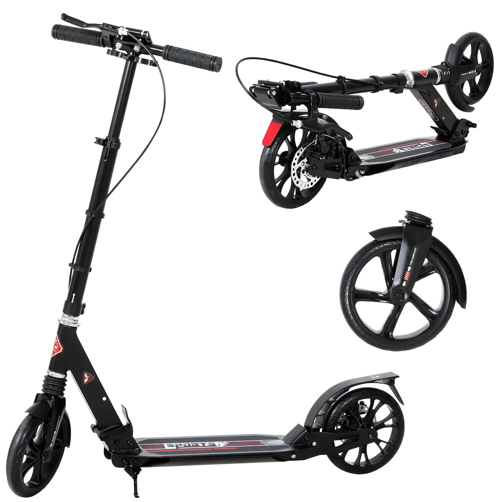 ISE Roller 200mm Big Wheel Scooter mit Doppelbremse & Federung - Klappbarer Cityroller für Erwachsene & Kinder Höhenverstellbarer Tretroller bis 100kg, inkl. Tragegurt & Handbremse