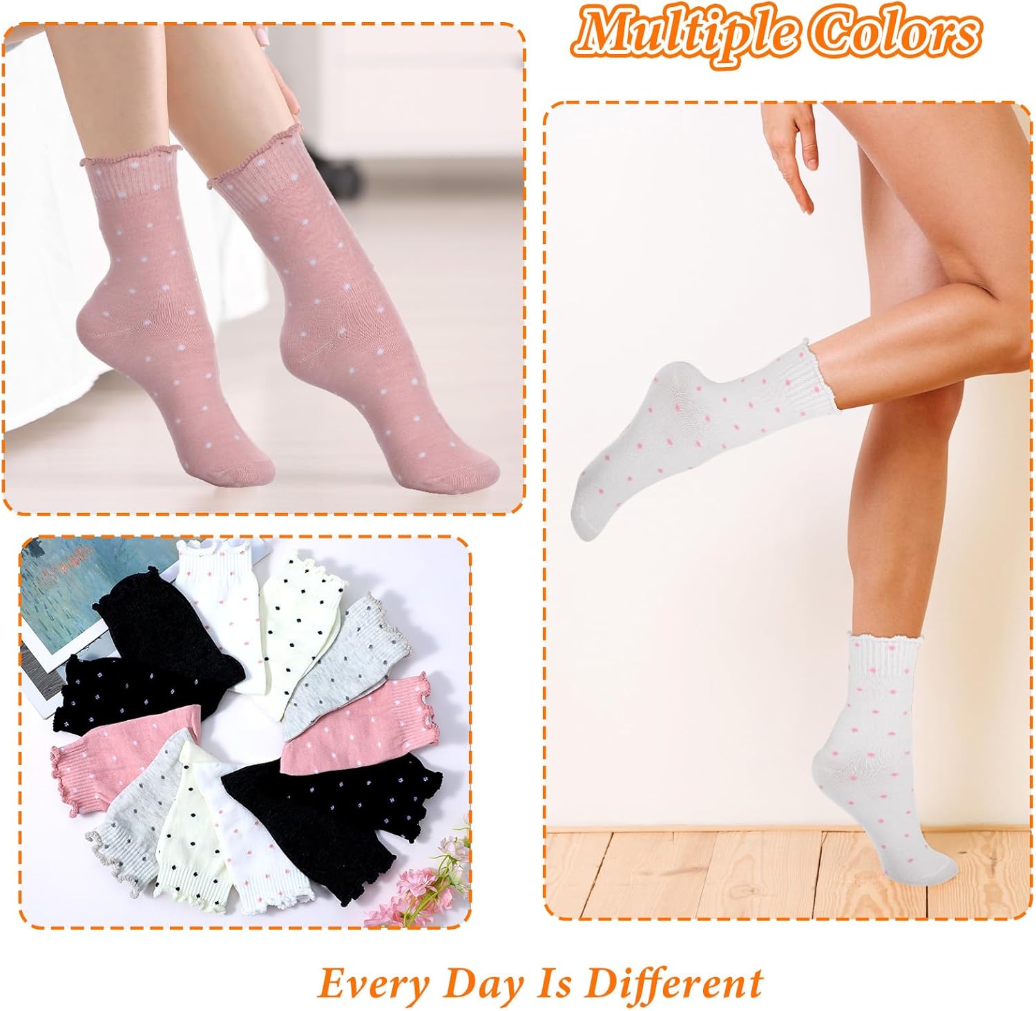 6 Pairs Polka Dot Socks Ruffle Sock Women Socks with Ruffles for Woman Ruffle Ankle Sock Women for Ladies Girls - Image 6