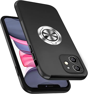 Shockproof Case for iPhone 11 6.1 inch, [Built-in Camera Cover] Military Grade Phone Case Cover with Embedded Metal Ring Stand Kickstand [Support Magnetic Car Holder] for iPhone 11, Black