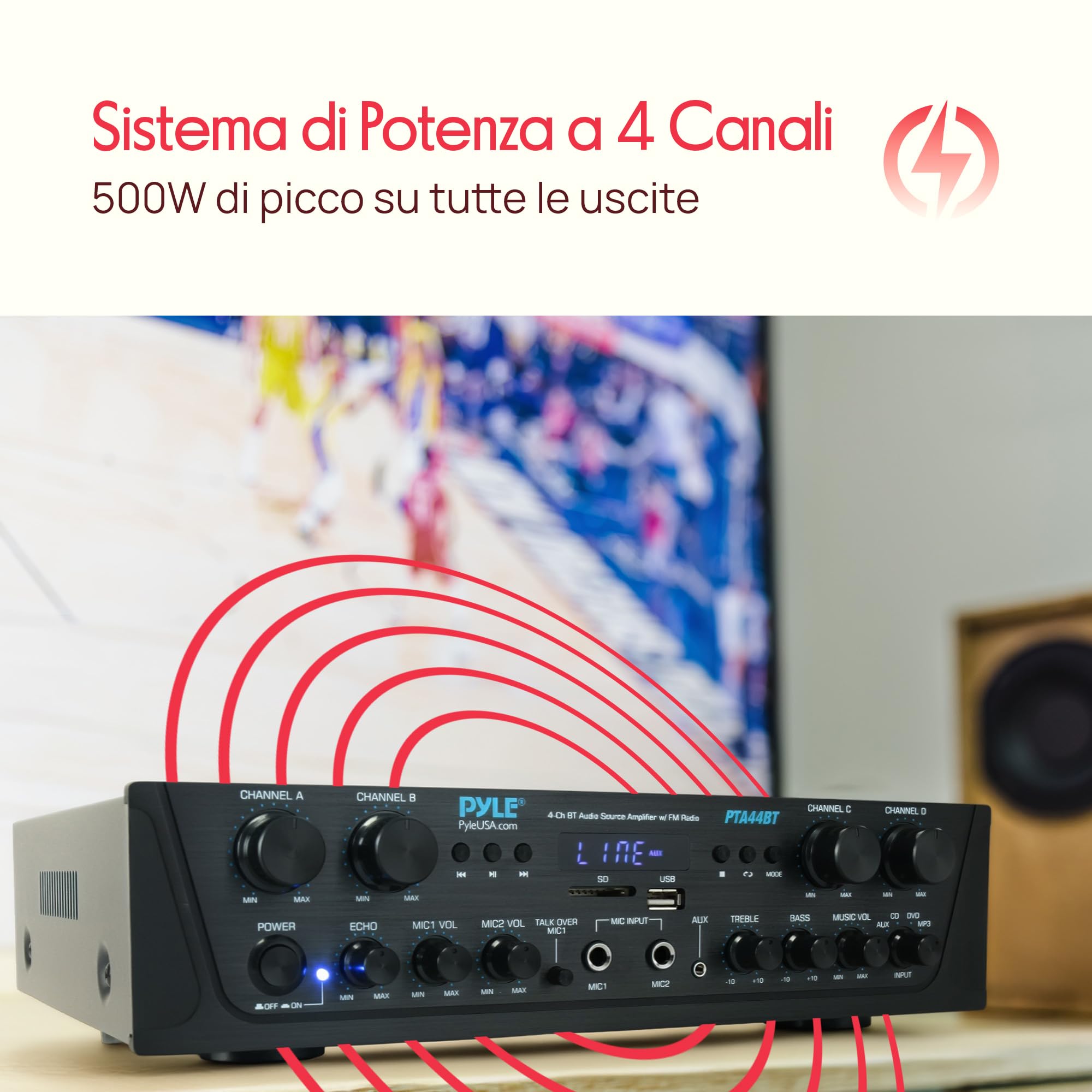 Pyle Amplificatore Karaoke Bluetooth Wireless 500 Watt, Audio Stereo 4 Canali con AUX, Radio FM, USB, Microfono In