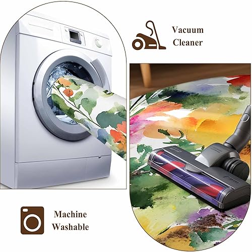 Miniatura 8 de 8ft Round Rug, Green Yellow Floral Non-Skid Rubber Backing Large Area Rugs - Living Room Bedroom Home Office, Purple Blue Watercolor Retro Leaf