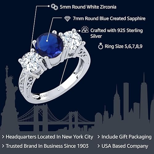 Miniatura 2 de Gem Stone King Anillo de compromiso de plata de ley 925 con 3 piedras de zafiro creado azul para mujer