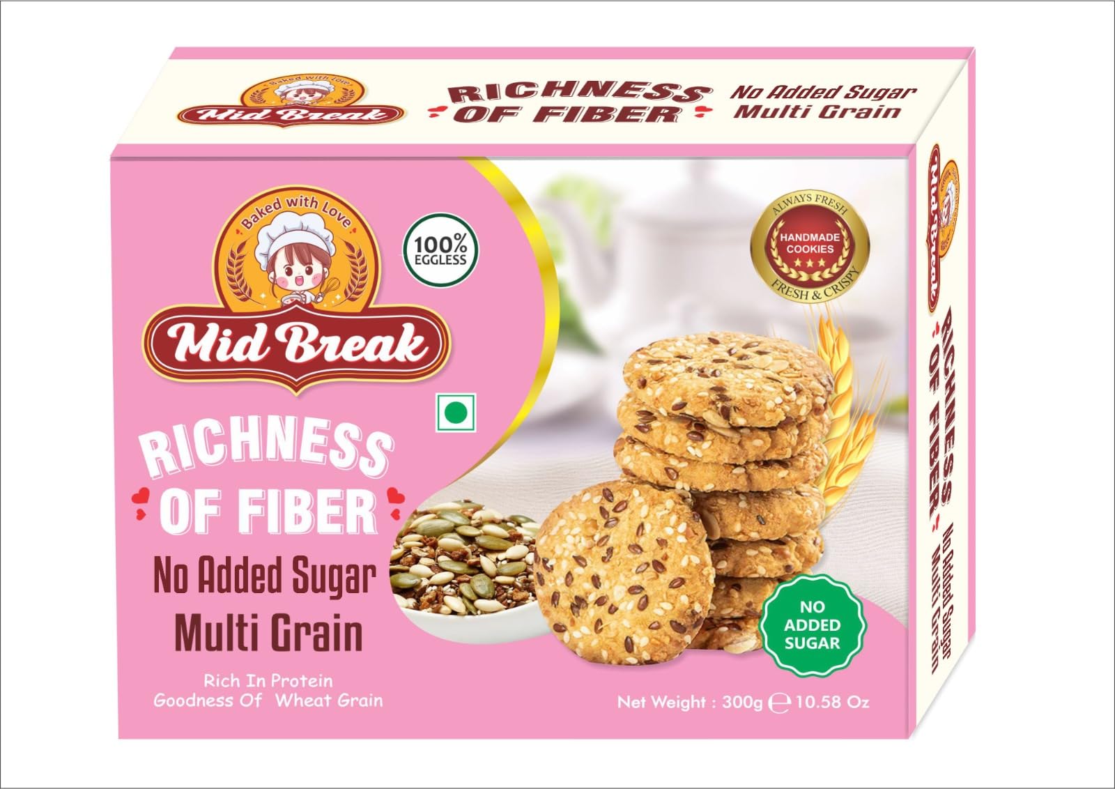 MidBreak No Added Sugar Multigrain Cookies | Handmade Premium Multigrain Biscuits | Gluten-Free, Eggless & Diabetic-Friendly | Healthy Low-Fat Snack | 300g Pack of 1