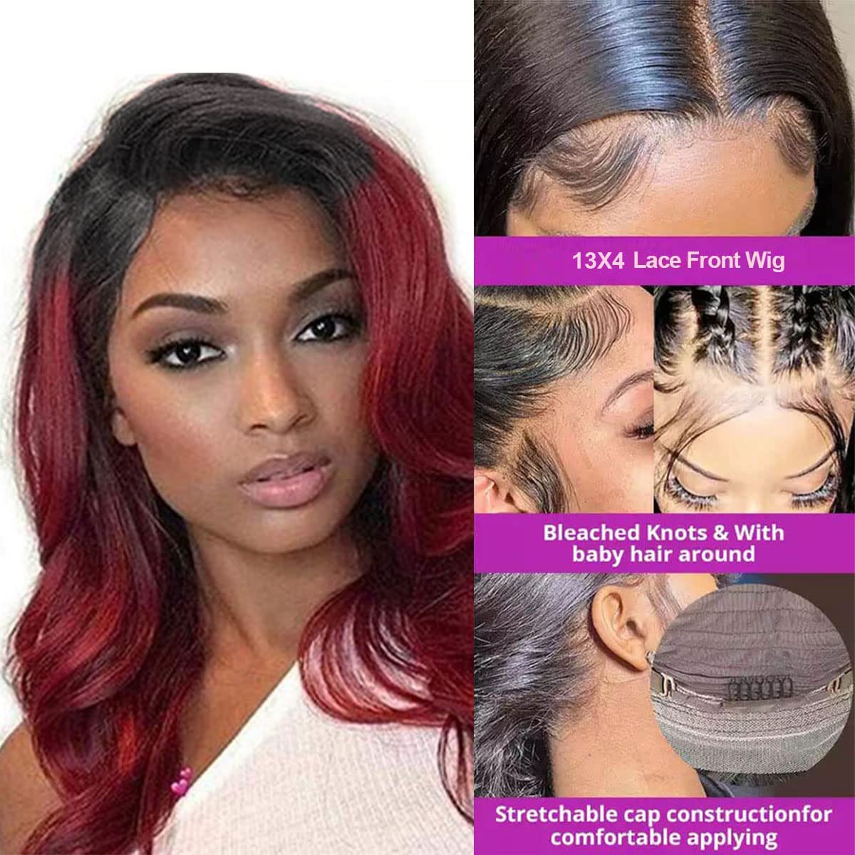 5x5 Body Wave Lace Closure Wig Burgundy Wear and Go Glueless Wigs Pre Plucked Human Hair 180% Density Hd Transparent Body Wave 5X5 Lace Closure With Baby Hair No Glue Pre Cut Wigs 26 Inch