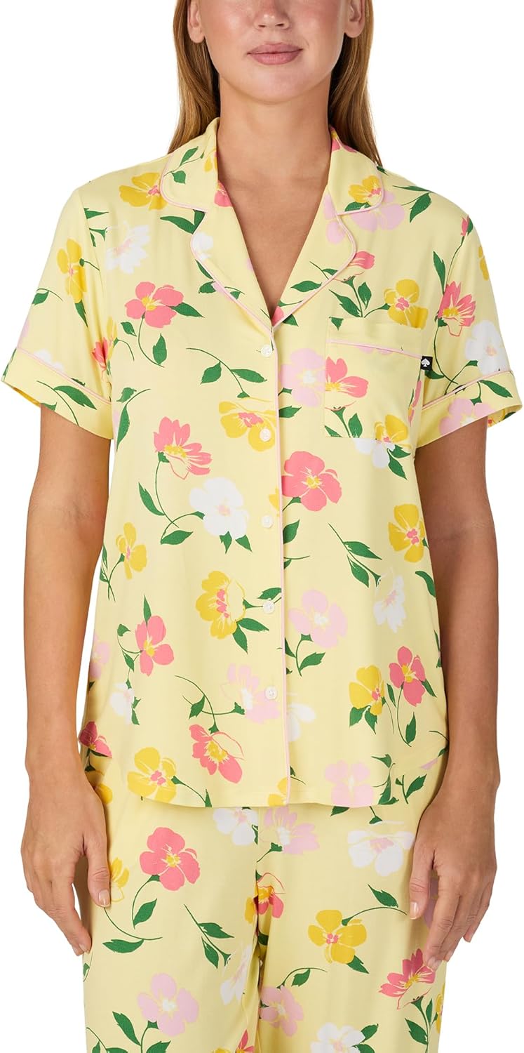 kate spade new york Pajamas for Women 2 Piece Set - Comfy Modal Notch Collar Short Sleeve Button Top & Cropped Pants, Sunset Garden, Large