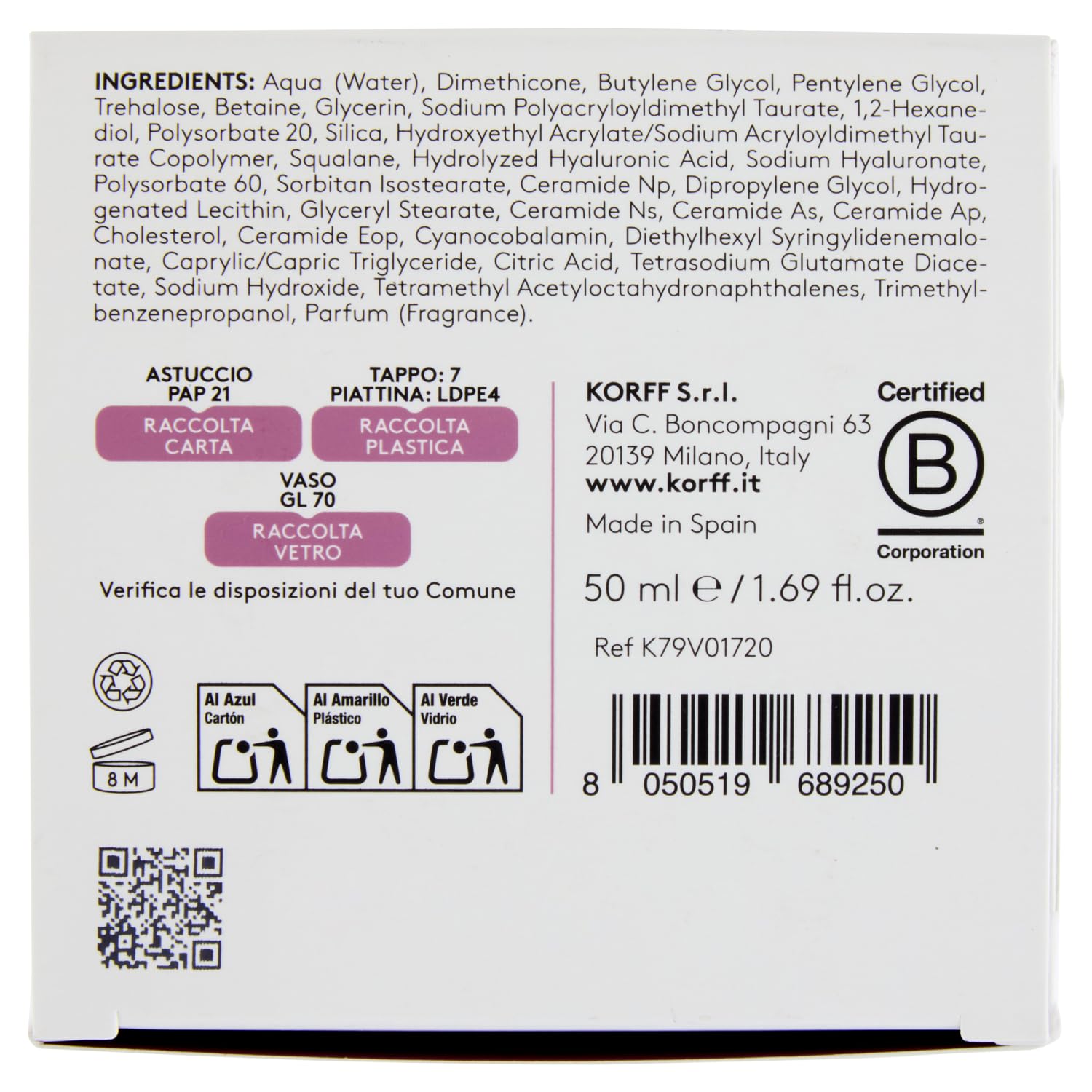 Korff Hydra Bank 100H Crema Viso Gel, Booster Idratante e Rimpolpante con Acido Ialuronico e 5 Ceramidi, 50 ml