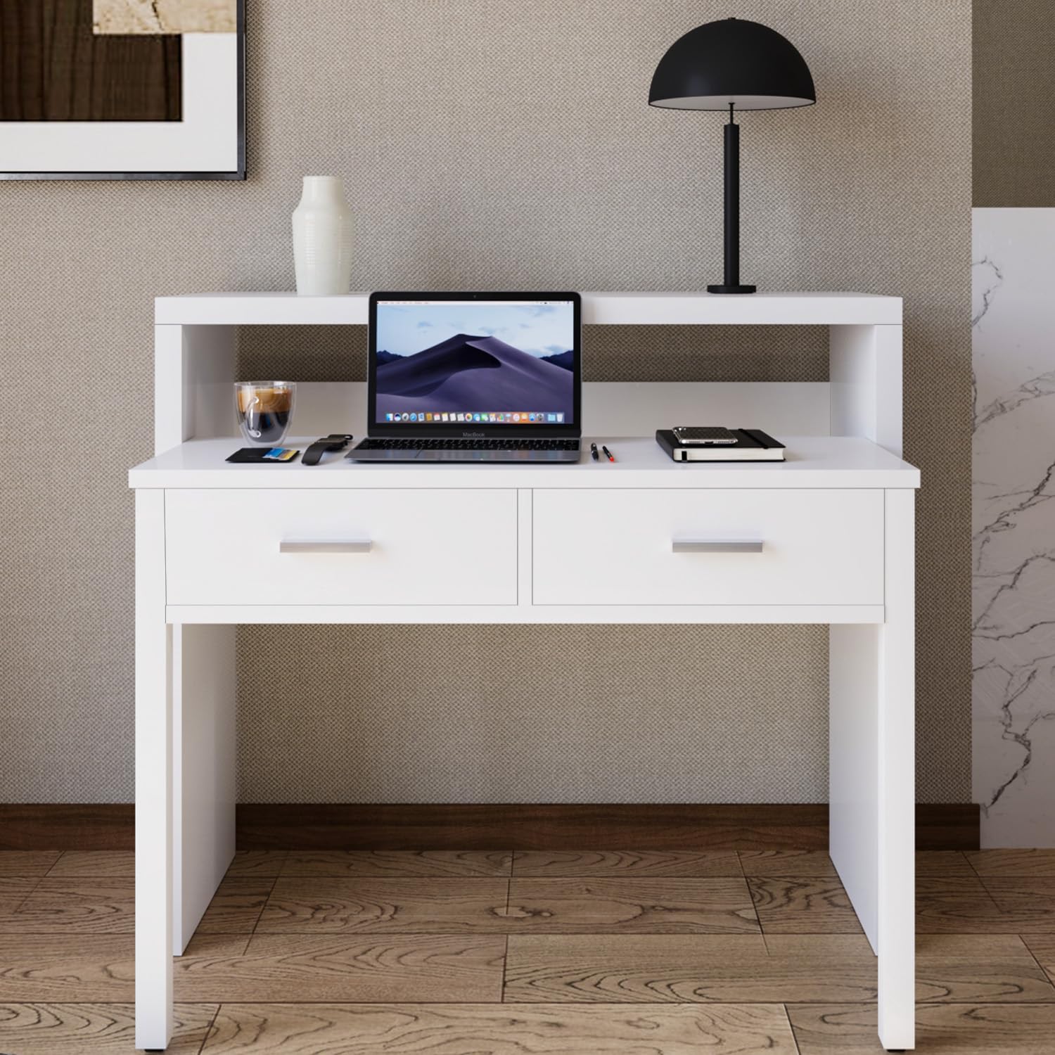 Arreditaly Consolle Allungabile Scrivania Con 2 Cassetti Scrittoio Ufficio Cameretta Salvaspazio Scrivania Estensibile Design Arredo Casa Guide Metalliche 98.5 x 36 x 87.5 cm Bianco
