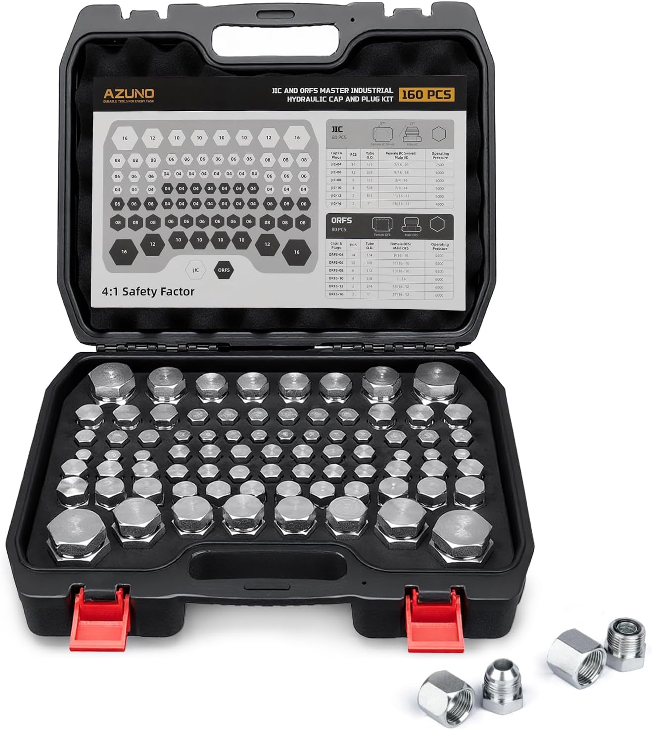 AZUNO 160Pcs JIC and ORFS Plug and Cap Kit - 37° Flare Seal & O-Ring Face Seal Master Industrial Hydraulic Hose Fittings, Carbon Steel with Zinc Plating (Sizes 4, 6, 8, 10, 12, 16)