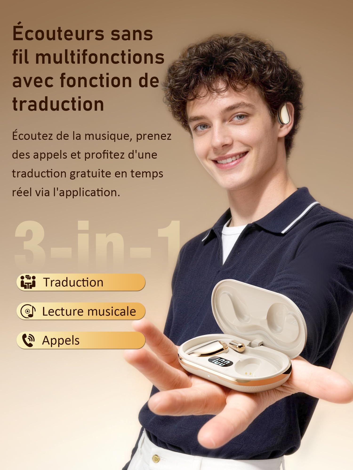 AI Ecouteur Traducteur Instantané Vocal Bluetooth 6.0 Ecouteurs sans Fil Open Ear 156 Langues 3 en 1 Traducteur Vocal